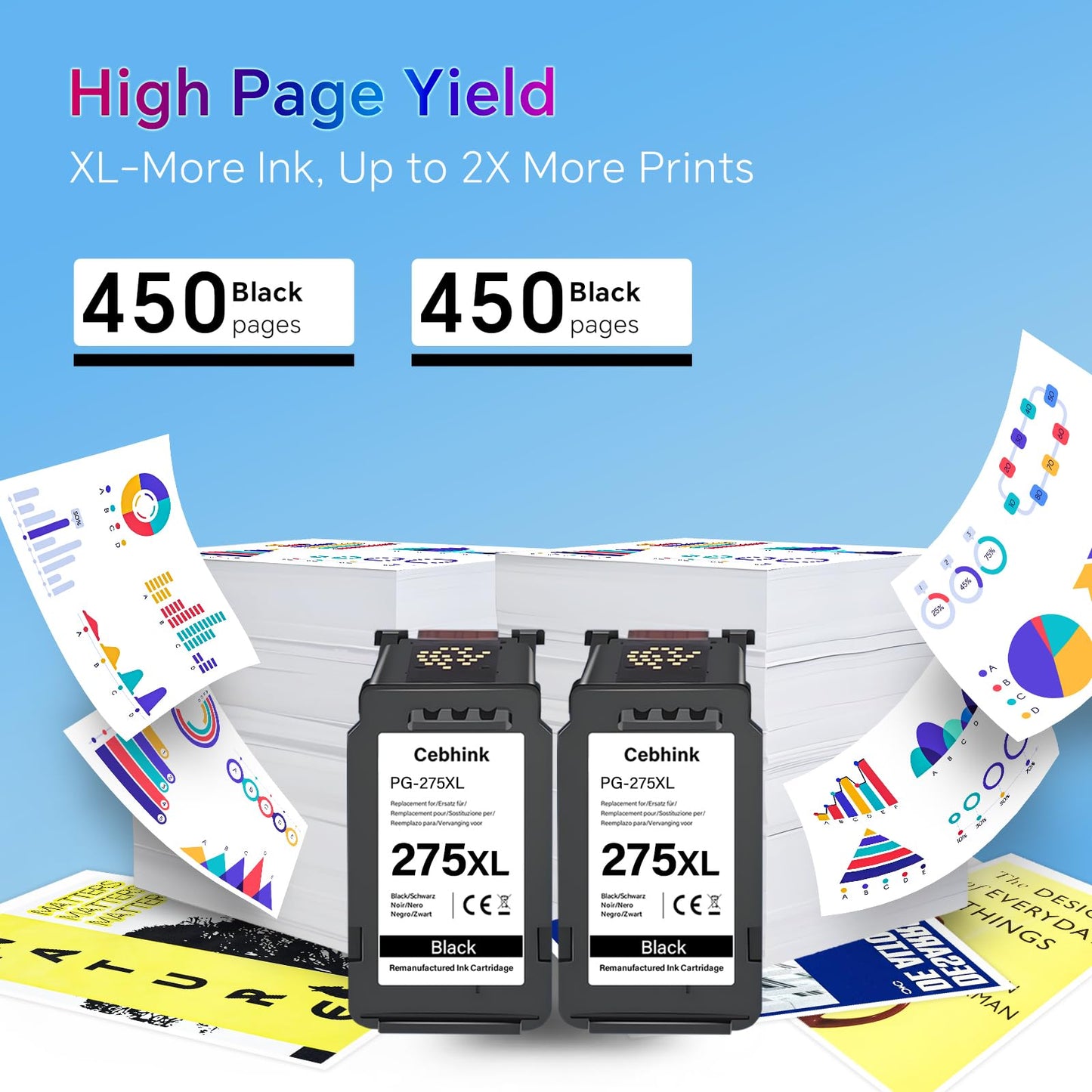 PG 275 Black Remanufactured for Canon 275 275XL Ink Cartridges PG-275XL PG275 PG275XL Use for Canon Pixma TS3720 TR4720 TR4725 TR4723 TR4722 TS3500 TS3520 TS3522 Printer, PG-275 2-Black