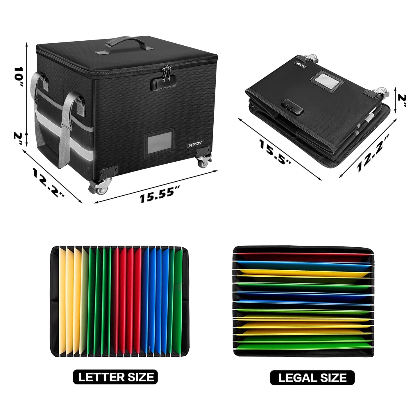 File Box with Wheels,ENGPOW Fireproof Document Box with Lock,Collapsible Rolling File Storage Organizer Box Filing Cabinet with Zipper Lid,Portable Home Office Safe for Hanging Letter/Legal Folder