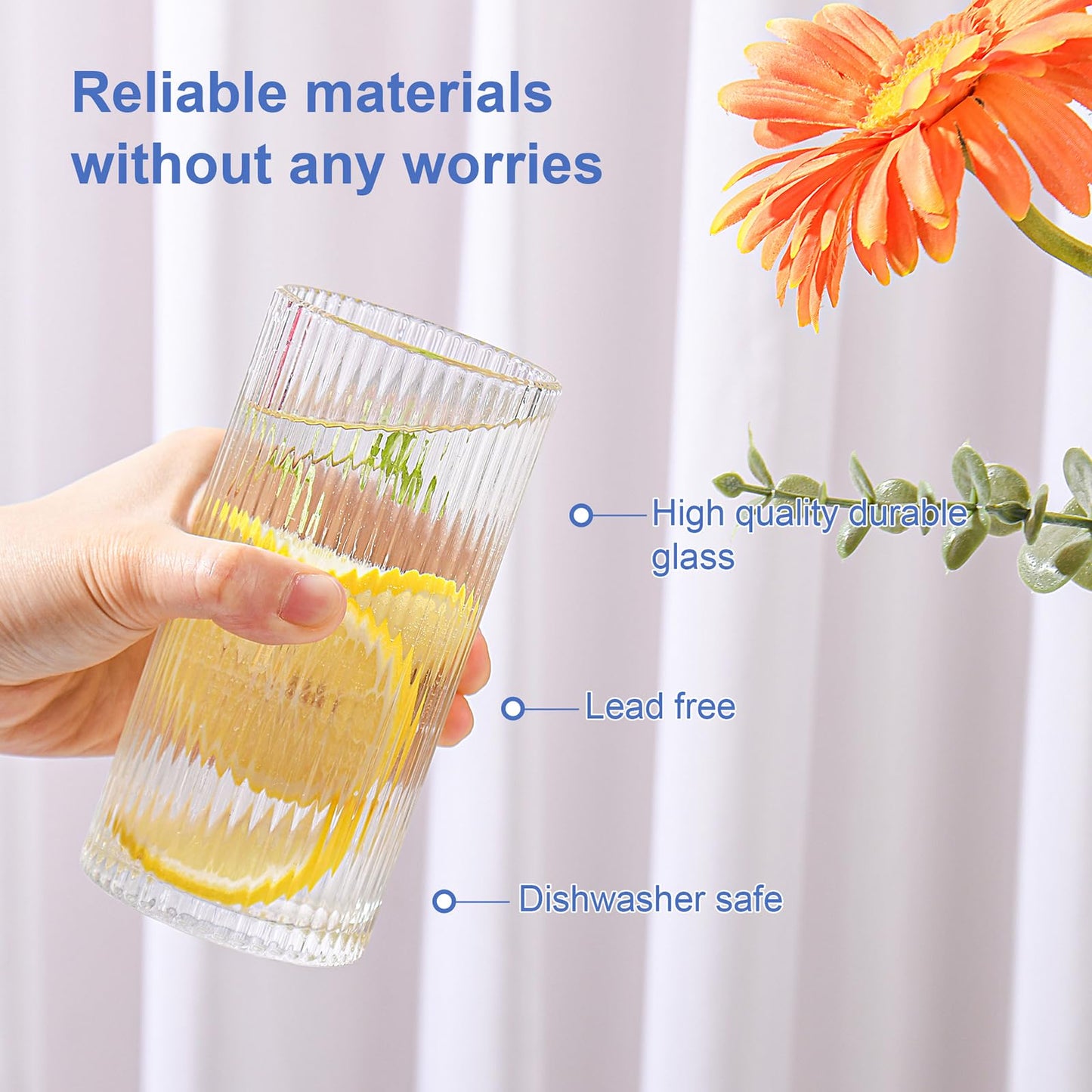 ZMOWIPDL Ribbed Glassware Vintage Drinking Glasses with Straws Set of 6,Clear Fluted Ripple Glass Cups 12oz,Ribbed Iced Coffee Cups for Cocktail, Whiskey, Beer, Juice, Water