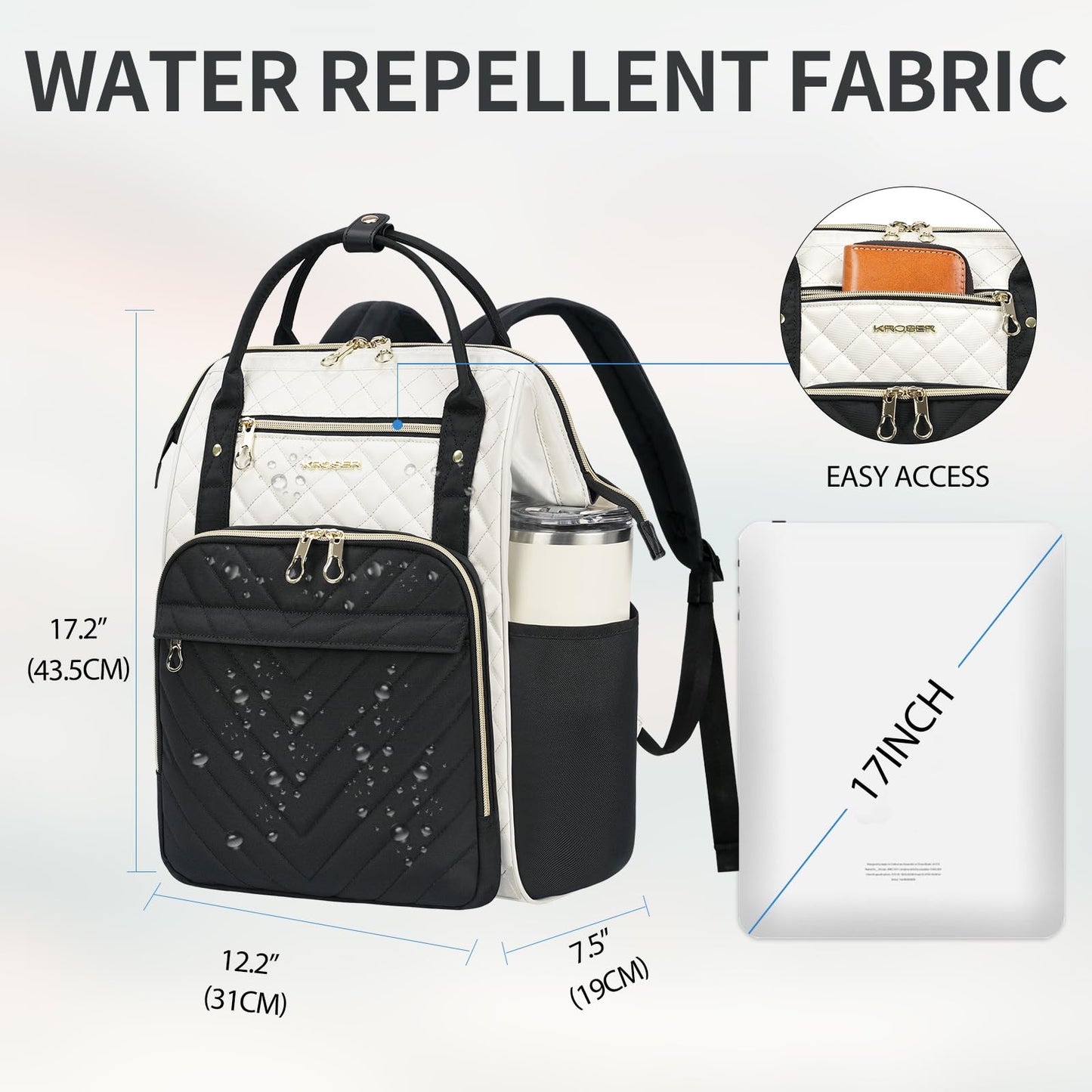 KROSER 17" Laptop Backpack Water Repellent Quilted Daypack for Travel Business College Men Women+Beige/Black