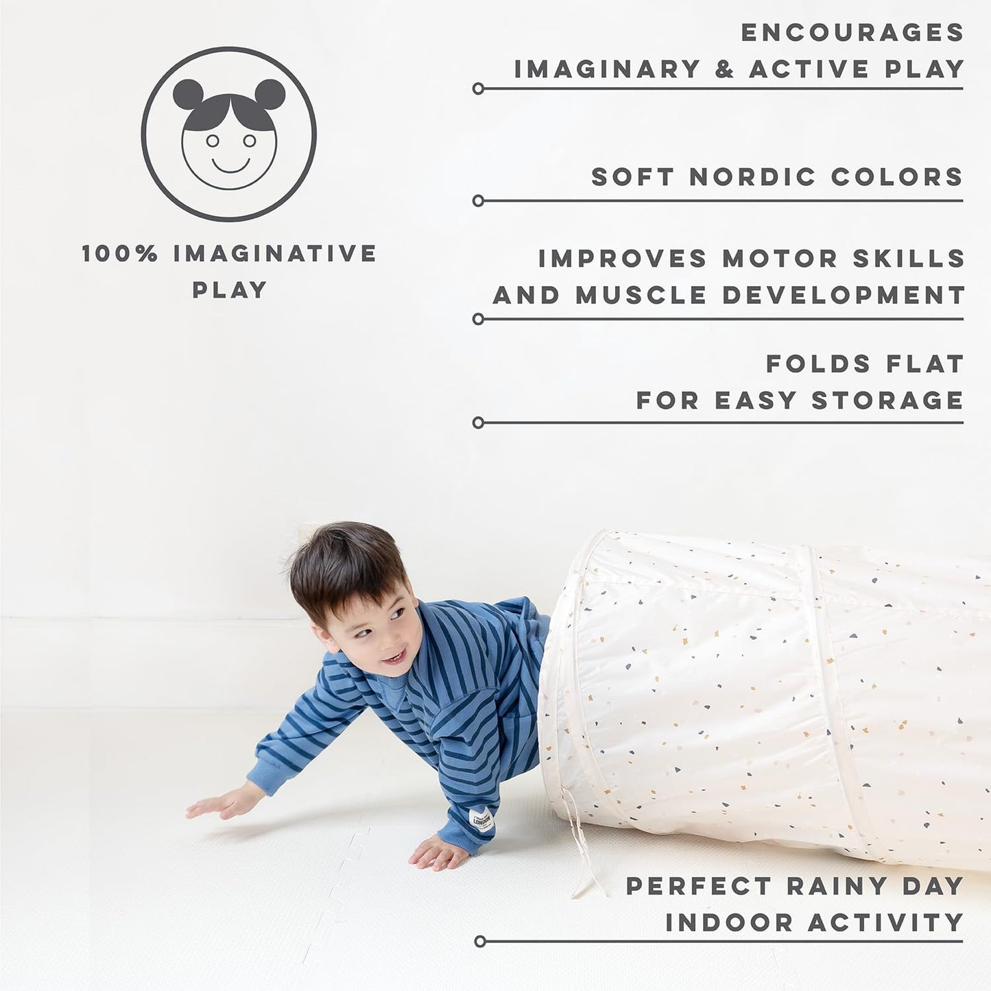 3 Sprouts Kids Play Tunnel – Recycled Fabric Pop Up Collapsible Tunnels - Crawling Foldable Tunnel for Toddler, Child, Baby to Crawl Through, Gross Motor Toy Tunnel for Kids Indoor - Terrazzo Beige