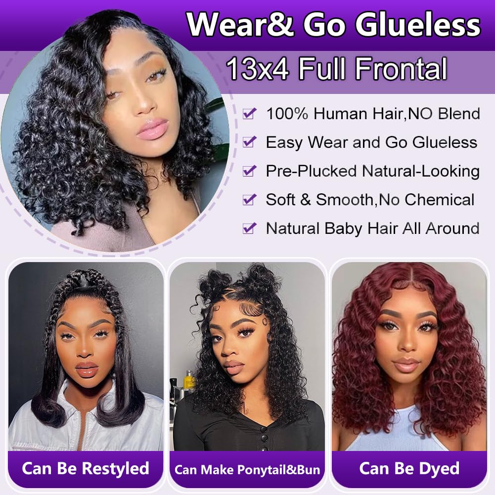 Bob Wig Human Hair 13x4 Deep Wave Curly Lace Front Wigs For Women Short Bob Wig Pre Plucked with Baby Hair Glueless Hair Curly Wigs Nature Hairline 150% Density Perruque Femme Humain (Natural balck 13x4 curly wig, 10 Inch)