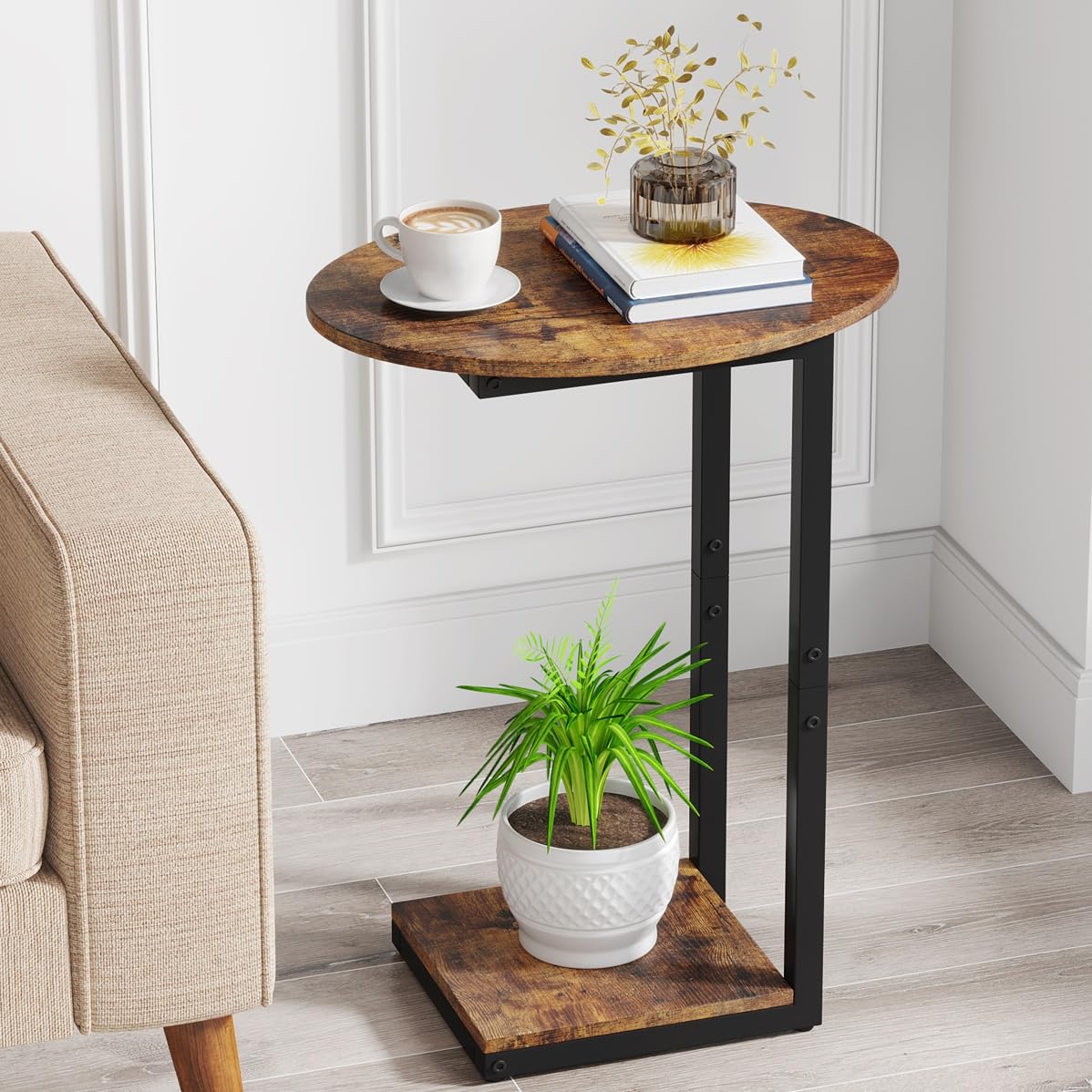 Hosfais Side Table Small End Table: C-Shaped Wood Sofa Table with Metal Frame for Living Room, Bedroom, Small Spaces (Rustic Brown)