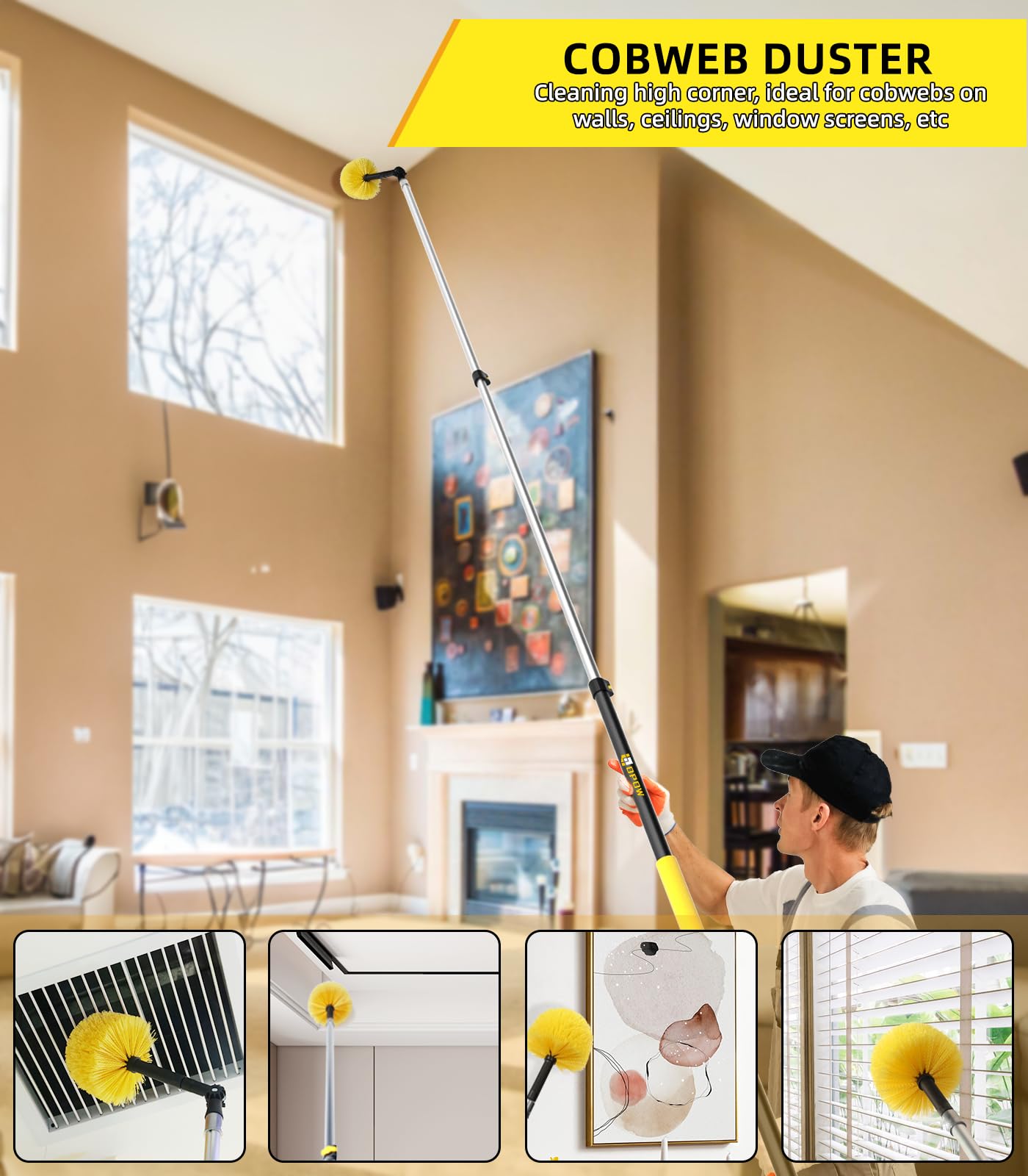 20 Foot High Ceiling Duster Kits with 5-12ft Heavy Duty Extension Pole, High Reach Duster for Cleaning,Microfiber Feather Duster,Cobweb Duster,Ceiling Fan Duster,Window Squeegee & Cleaner