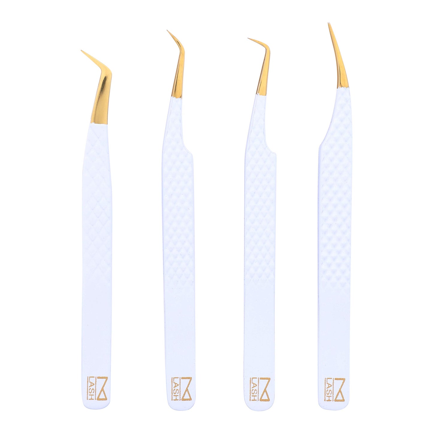 M LASH Eyelash Extension Tweezers (Set of 4) - Professional & Precision Lash Tweezers for Eyelash Extensions - Japanese Steel, Diamond Grip, Fiber Tip V3 (White)