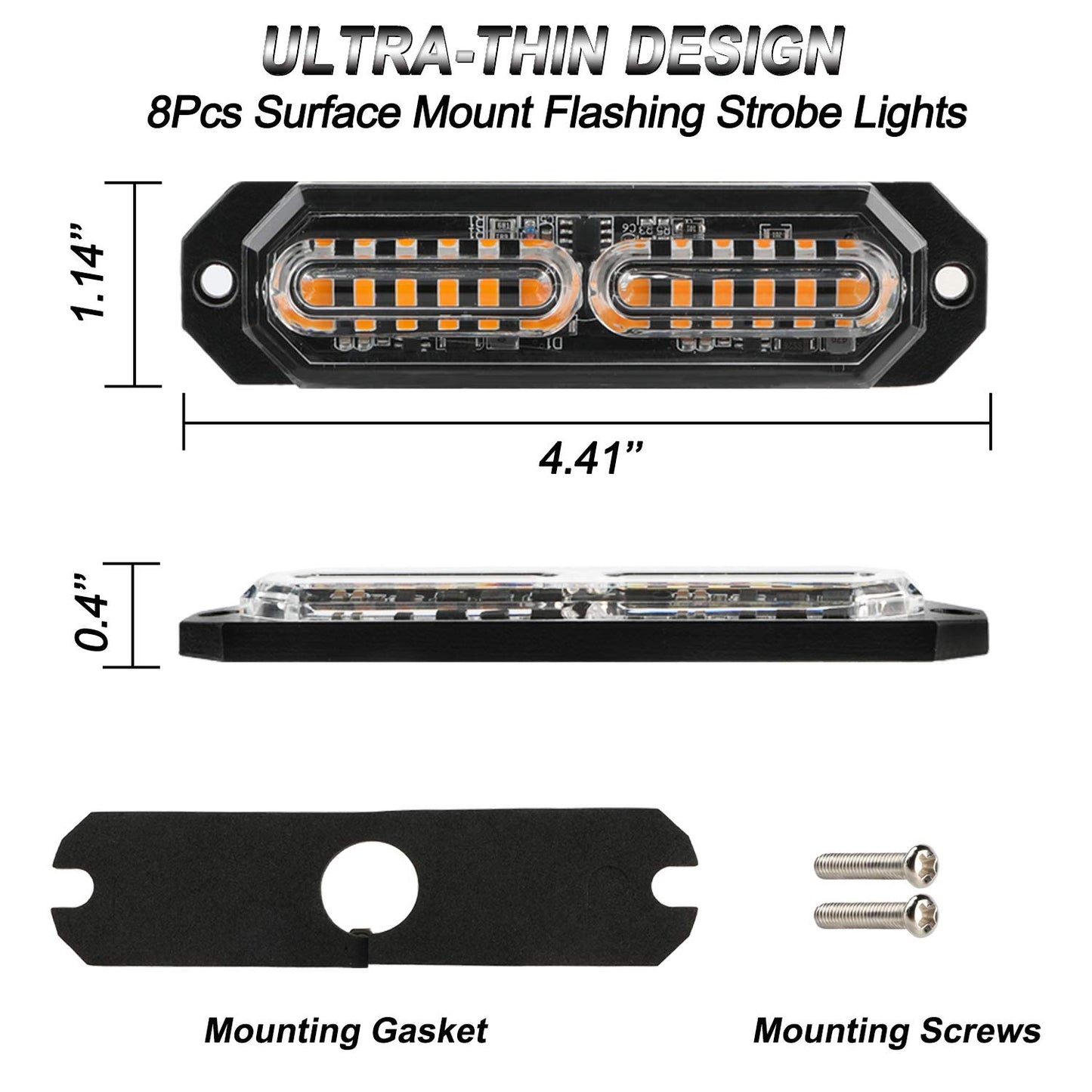 ASPL 8pcs Sync Feature Ultra Slim 12-LED Surface Mount Flashing Strobe Lights for Truck Car Vehicle LED Mini Grille Light Head Emergency Beacon Hazard Warning Lights (Amber)
