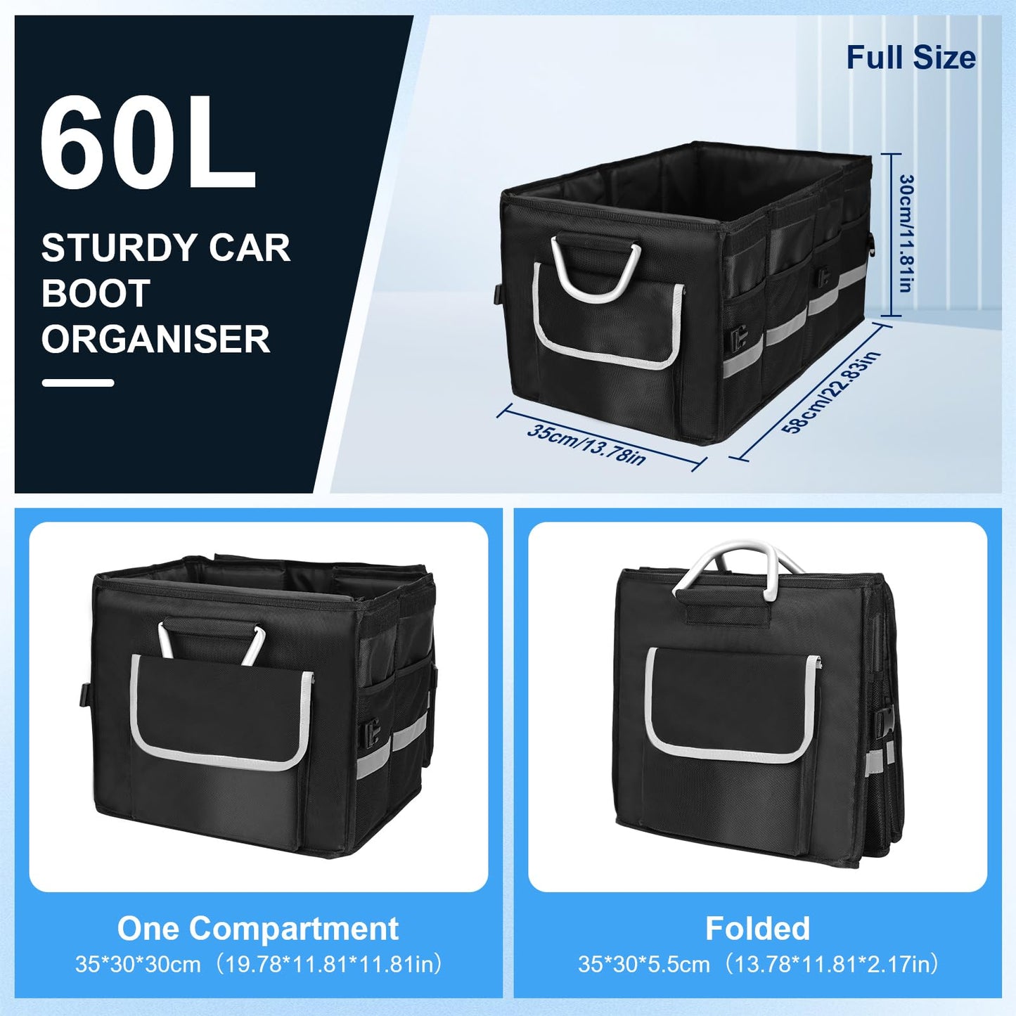 Car Trunk Organizer for SUV, ONATISMAGIN Collapsible Multi Compartments Trunk Storage Organizer, Waterproof Car Storage Organizer with Foldable Lid, Aluminium Handle, Non Slip Bottom (Black)
