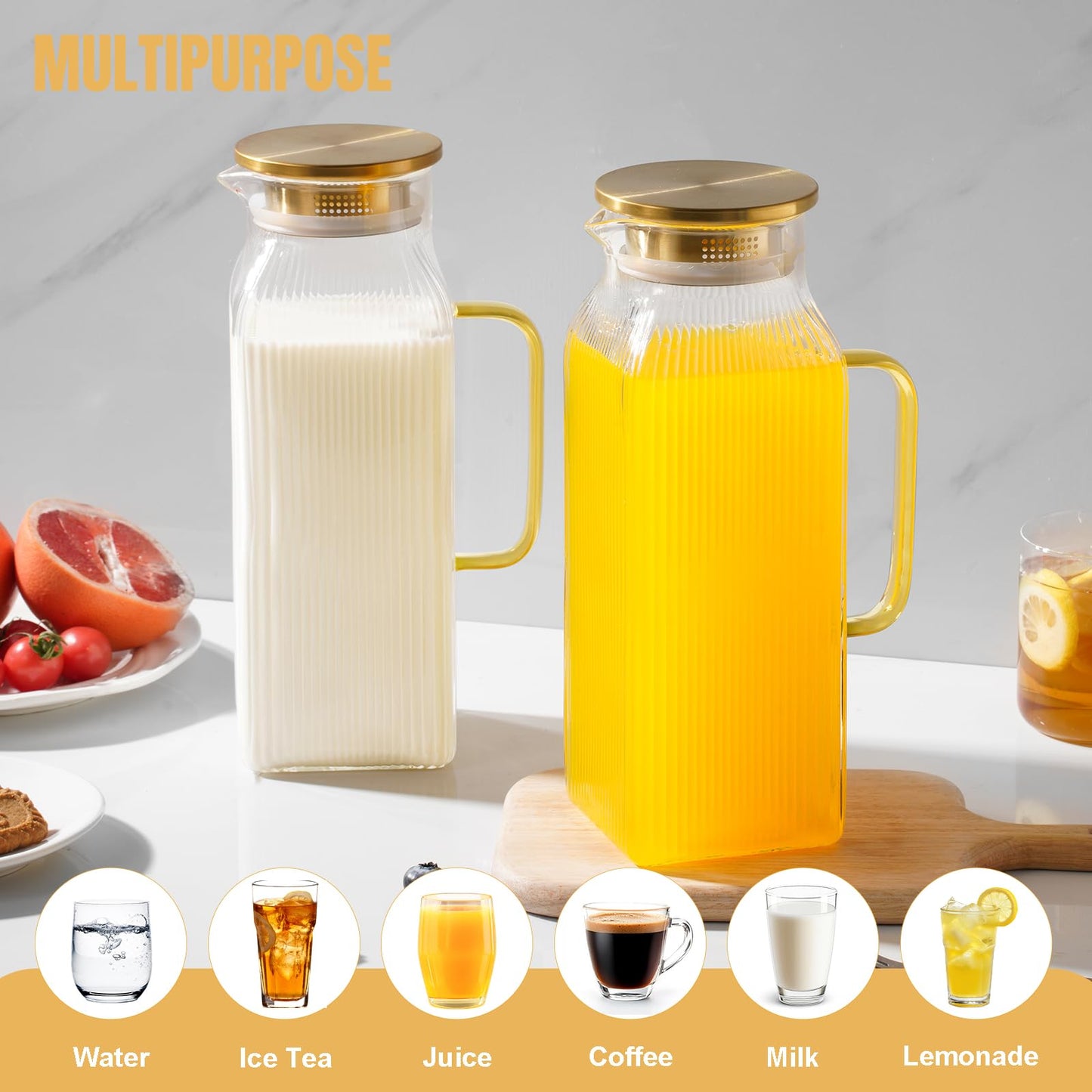 2 Pack 2 Liters/68 oz Square Glass Pitcher with Lid and Handle, Water Pitchers with Handle for Fridge, Borosilicate Glass Carafe with vertical stripe design for Hot/Cold Drink.