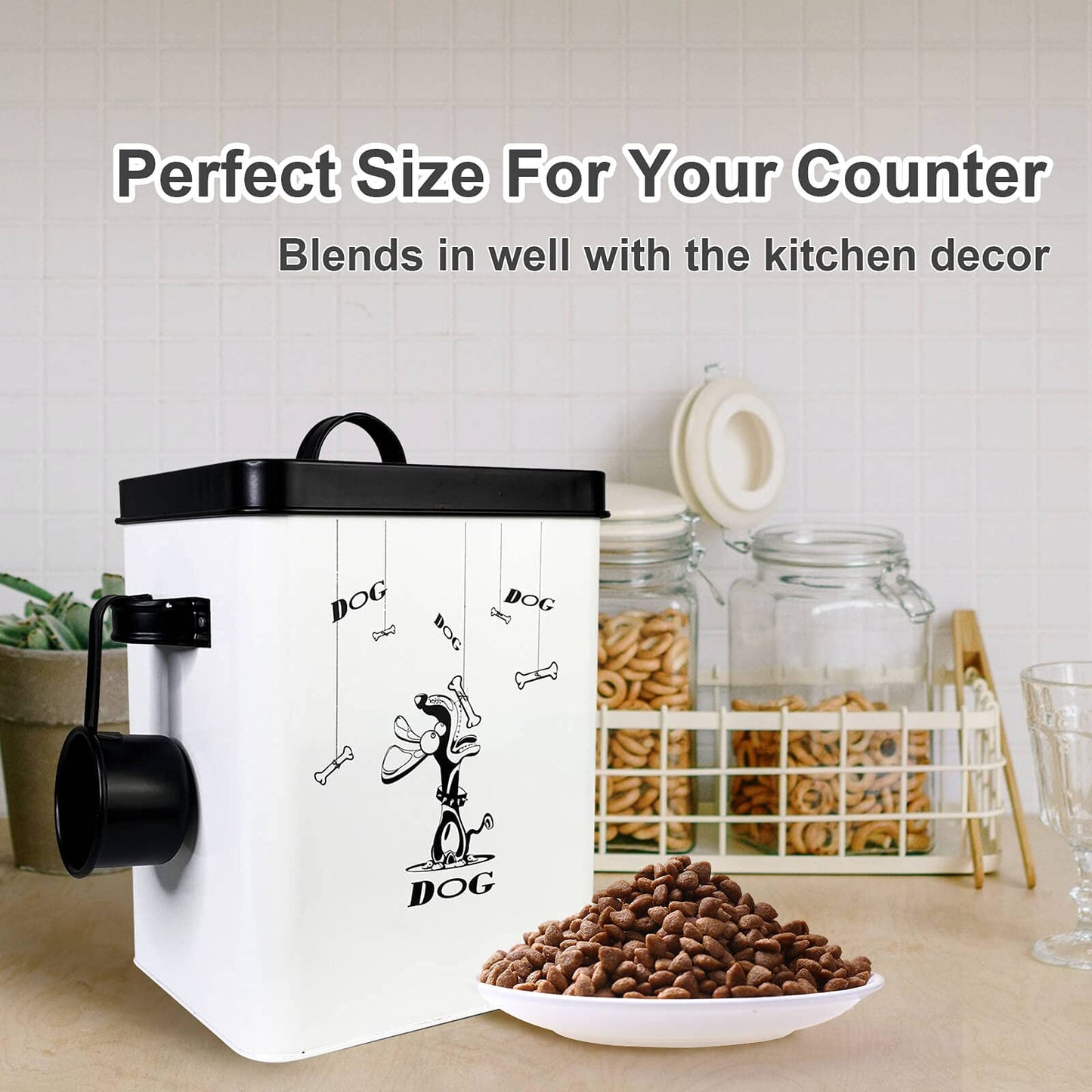 SOTECH Cute Pet Treat Container With Scoop Set, Food Bucket With Lid and Handle, White Storage Bin for Small Dogs Cats, Great Gift for Dog Owners (Treat Jar)
