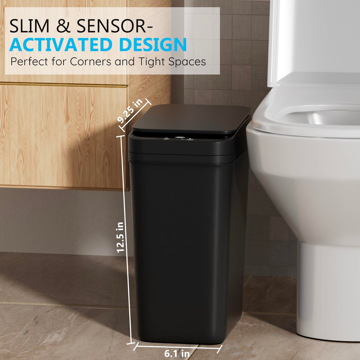 3 Pack Bathroom Trash Can with Lid Touchless Automatic Garbage Can, 2.6 Gallon Slim Waterproof Motion Sensor Smart Trash Can, Small Plastic Trash Bin for Bedroom, Office, Living Room-Black