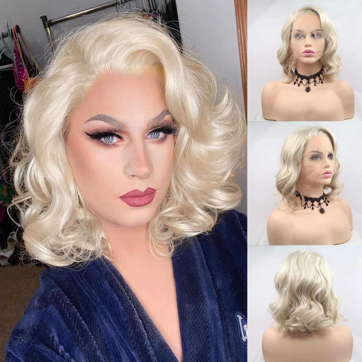613 Blonde Short Curly Bob Wig Synthetic Lace Front Wig Loose Wave Platinum Natural Hairline Shoulder Free Part Length Heat Resistant Glueless Bob Cut Wigs for Women Cosplay Daily 12 Inch AFBeauty