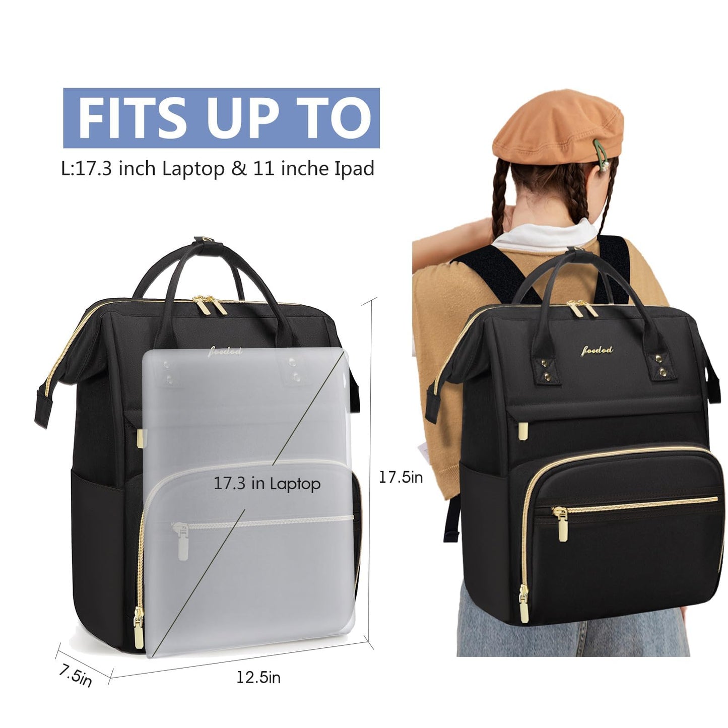 Women Laptop Backpack Teacher Bags: 17.3 Inch Nurse Computer Backpack with USB Port Work Bag Stylish Travel Daypack Bookbag Waterproof for Business Woman Gifts BLACK