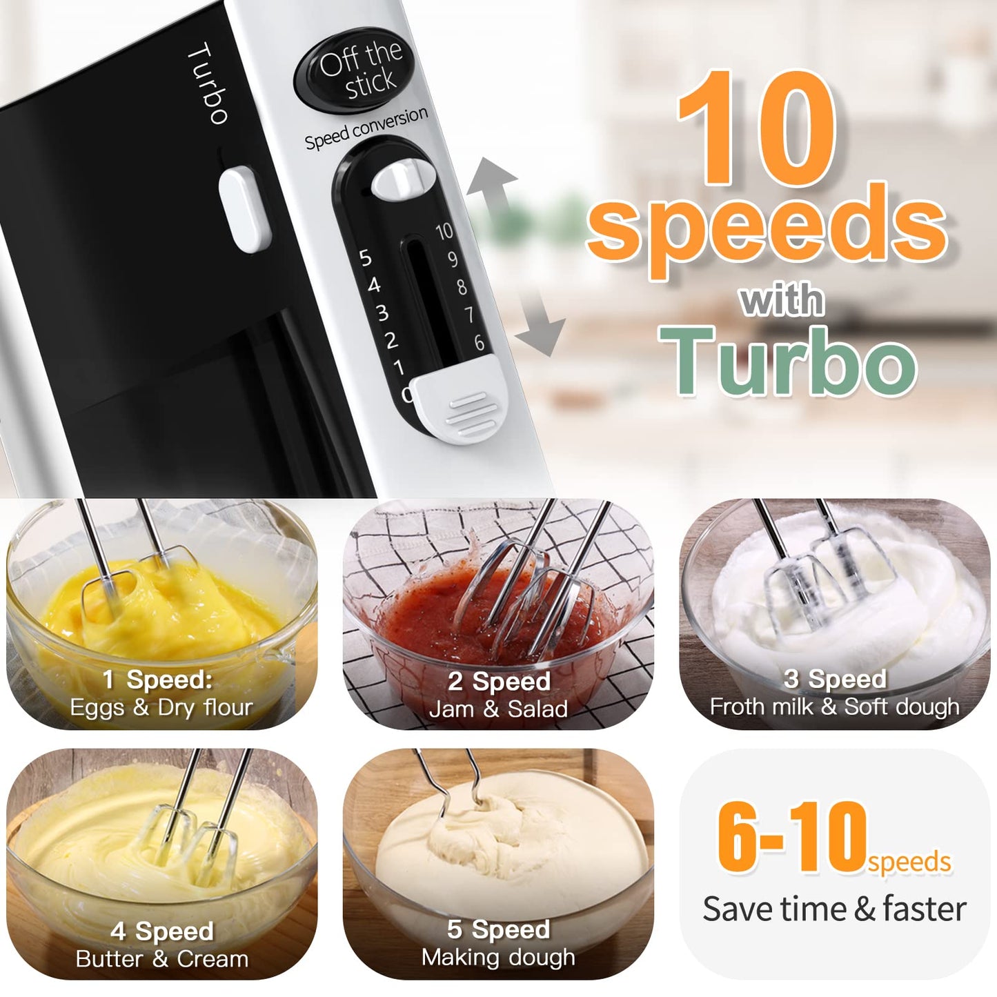 600W Electric Hand Mixer Kitchen Handheld Mixer 10 Speed Powerful with Turbo for Baking Cake Lightweight & Personal Electric Mixer with Beaters Dough Hooks