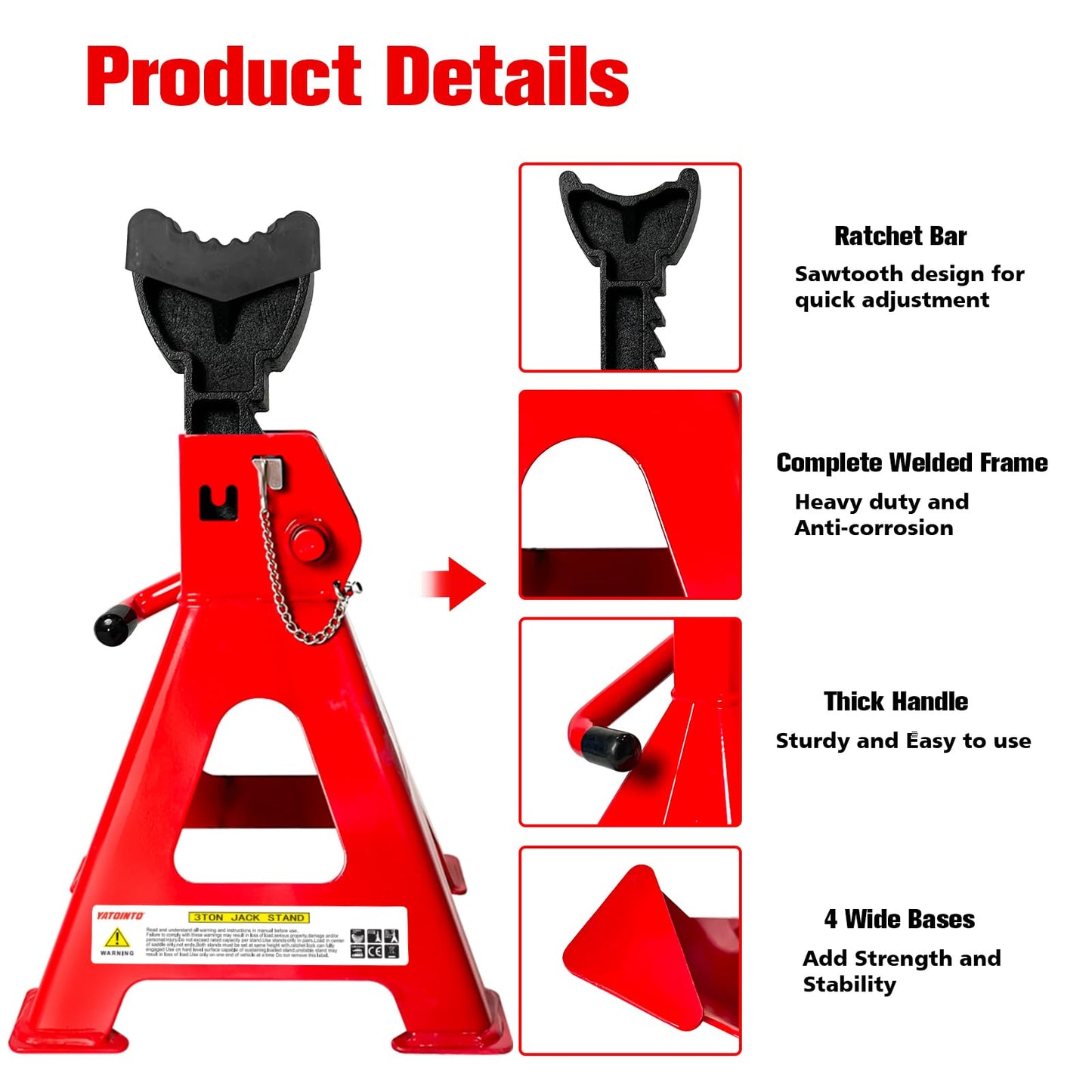 Jack Stands 3 Ton (6,600 LBs), 11.22"-16.54" Adjustable with Double Pin Locking for Reinforced Safety. Car Jack Stand with Extra Rubber Pads for Trucks, Home,Garage,Lifting,1 Pair Red