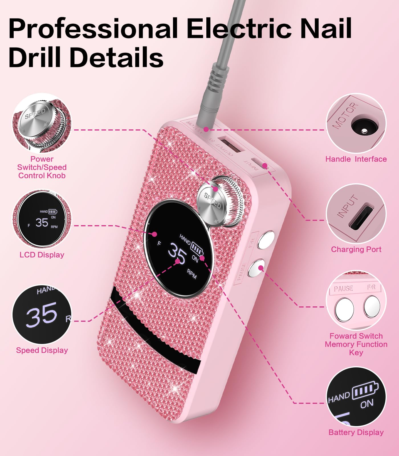 Professional Electric Cordless Nail Drill File with 11 Nail Drill Bits, 35000RPM DIY Glitter e Filer for Nails Kit Machine for Acrylic Nails Gel Polishing for Manicure Salon Home