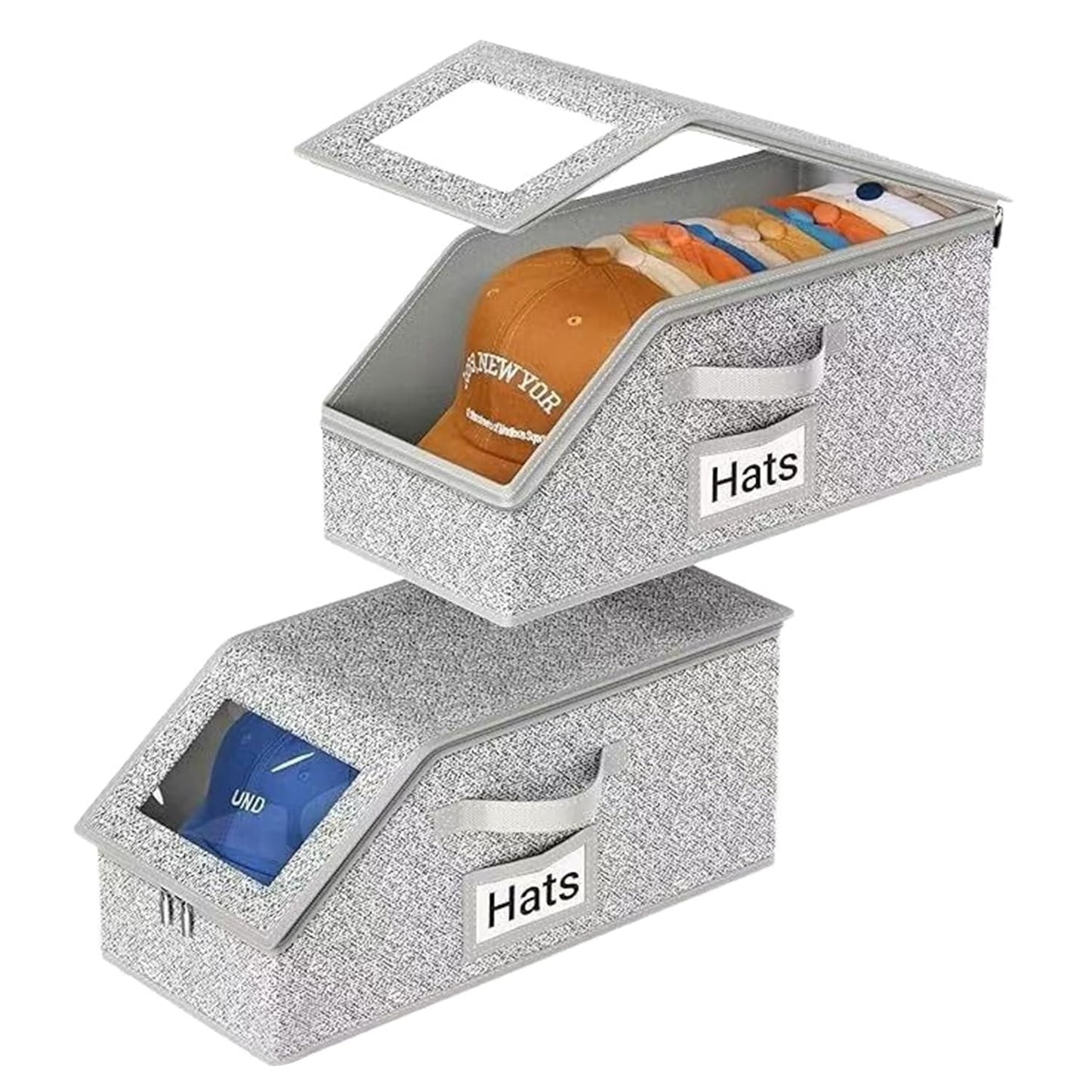2PCS Hat Storage Box for Baseball Caps - Stackable Foldable, Hat Organizer for Closet, Baseball Cap Storage Box, Hats Storage Bins with Handle for Shelf or Wardrobe, Grey