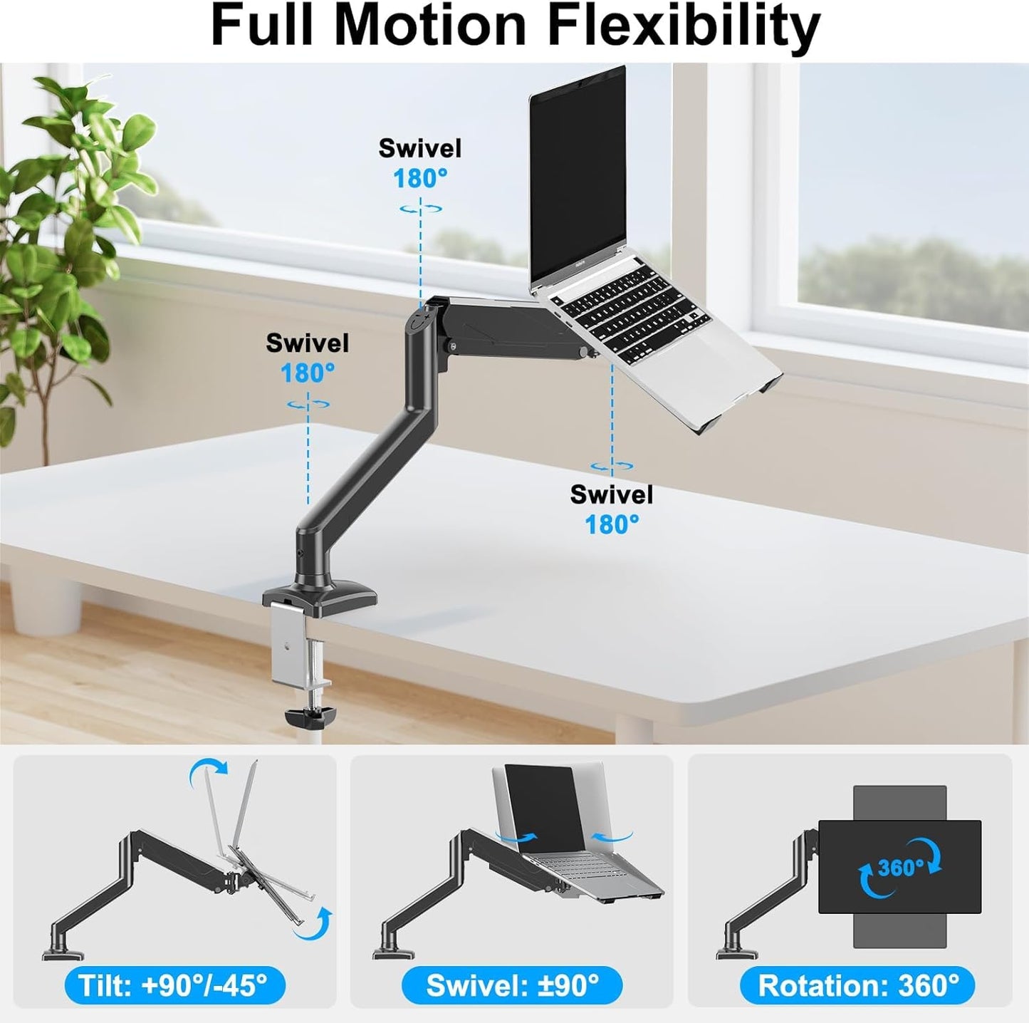 MOUNTUP Laptop Stand, Adjustable Aluminum Laptops Arm Mount for 13-17 Inch Notebook & 32" Monitor, Laptops Arm for Desk Holds up to 17.6lbs, 2-in-1 Laptop Desk Mount with Clamp/Grommet