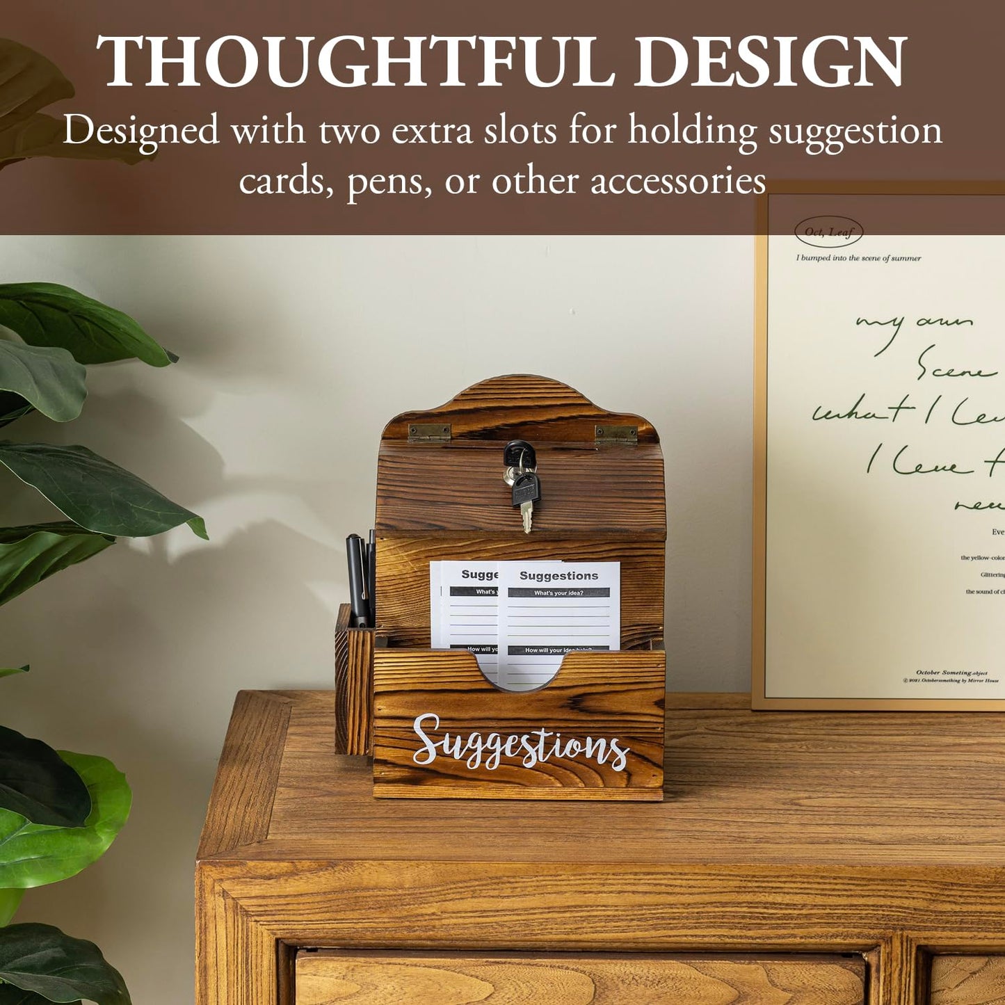 MyGift Suggestion Box with Slot and Lock, Donation Box for Fundraising, Complaint Case with Paper Sheet and Pen Holder Slots,Wall Mounted or Tabletop, Rustic Burnt Solid Wood