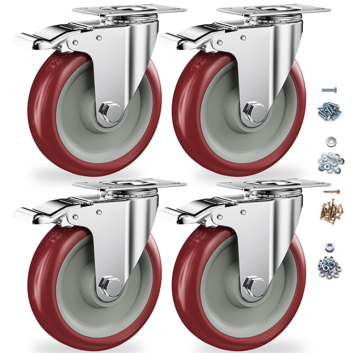 Casters Set of 4 Heavy Duty - Caster Wheels 5 Inch, CLOATFET Locking Wheels, Swivel Casters with Brake (Top Plate), Double Ball Bearing Non Marking Castor Wheels for Cart Furniture Workbench