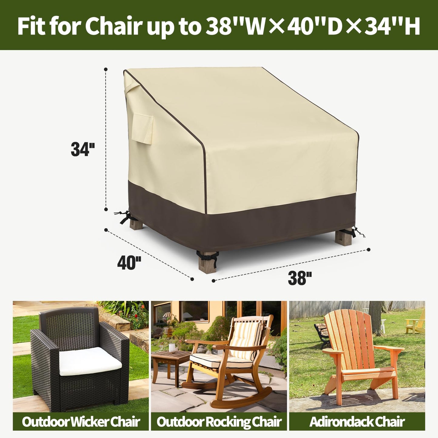 MR. COVER Patio Chair Covers Waterproof, Outdoor Furniture Covers for Rocking & Adirondack Chairs, Fits up to 38" W x 40" D x 34" H, Moisture-Proof & Rip-Resistant, Brown & Khaki, 2 Pack