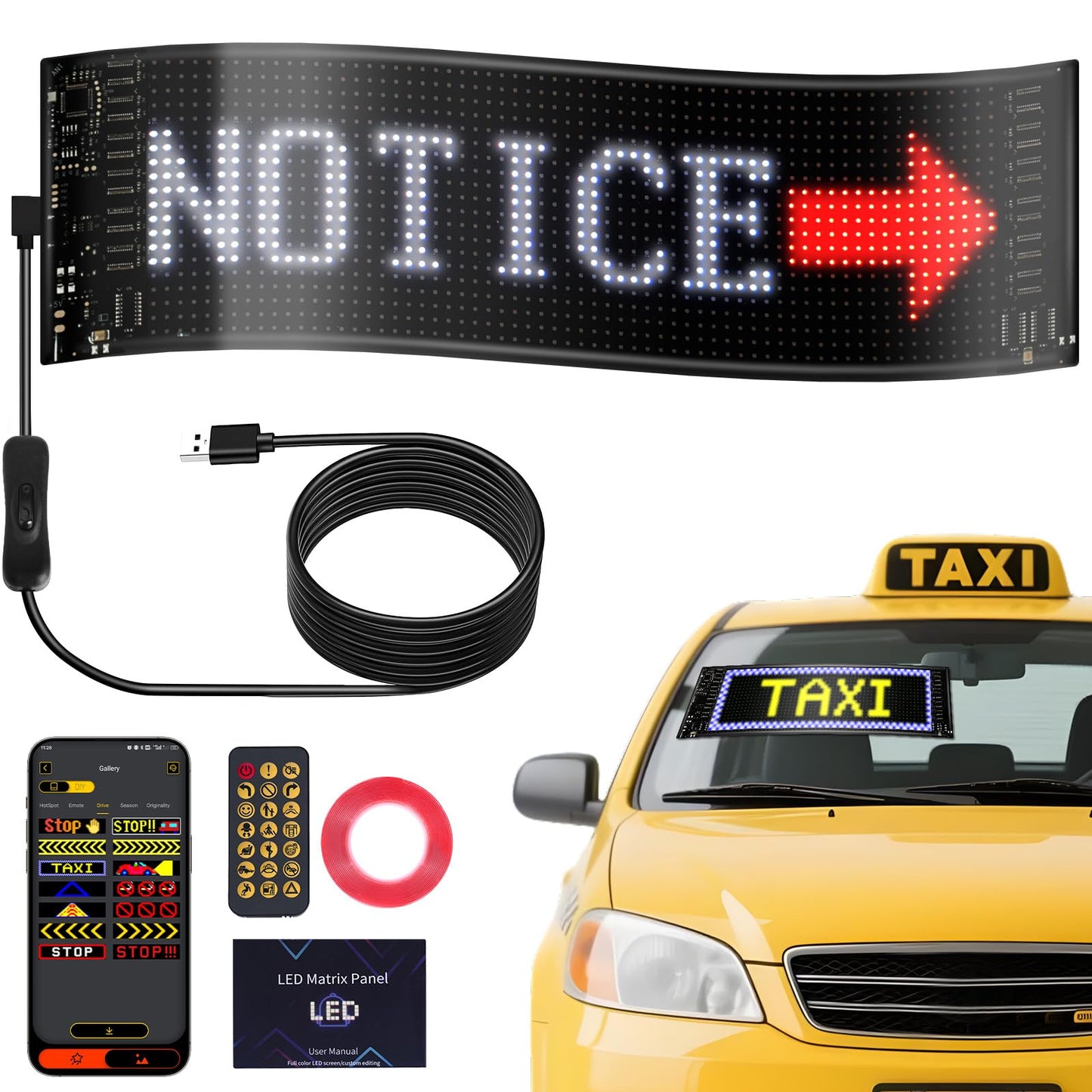 Car LED Sign, LED Light Signs for Car, 13.7"x4.01" Programmable Flexible LED Sign, APP Control DIY Custom Text Graffiti Message Pattern, FPCB Flexible Matrix Panel LED Display for Store Bar Hotel