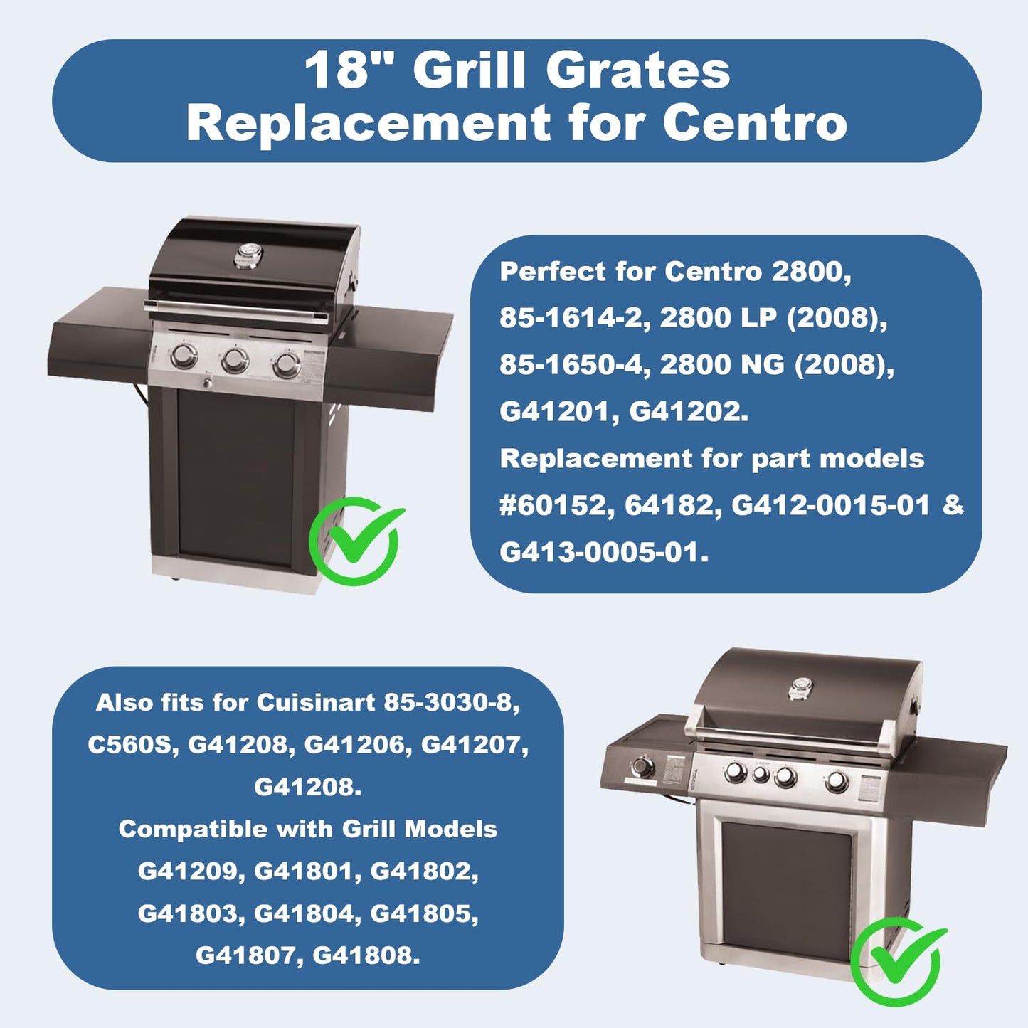 18 Inch Grill Grates Replacement for Centro 2800 G41201 G41202 2800 LP85-1650-4 Gas Grills, Heavy Duty Cast Iron Cooking Grids for Cuisinart 85-3030-8, 2 Pack