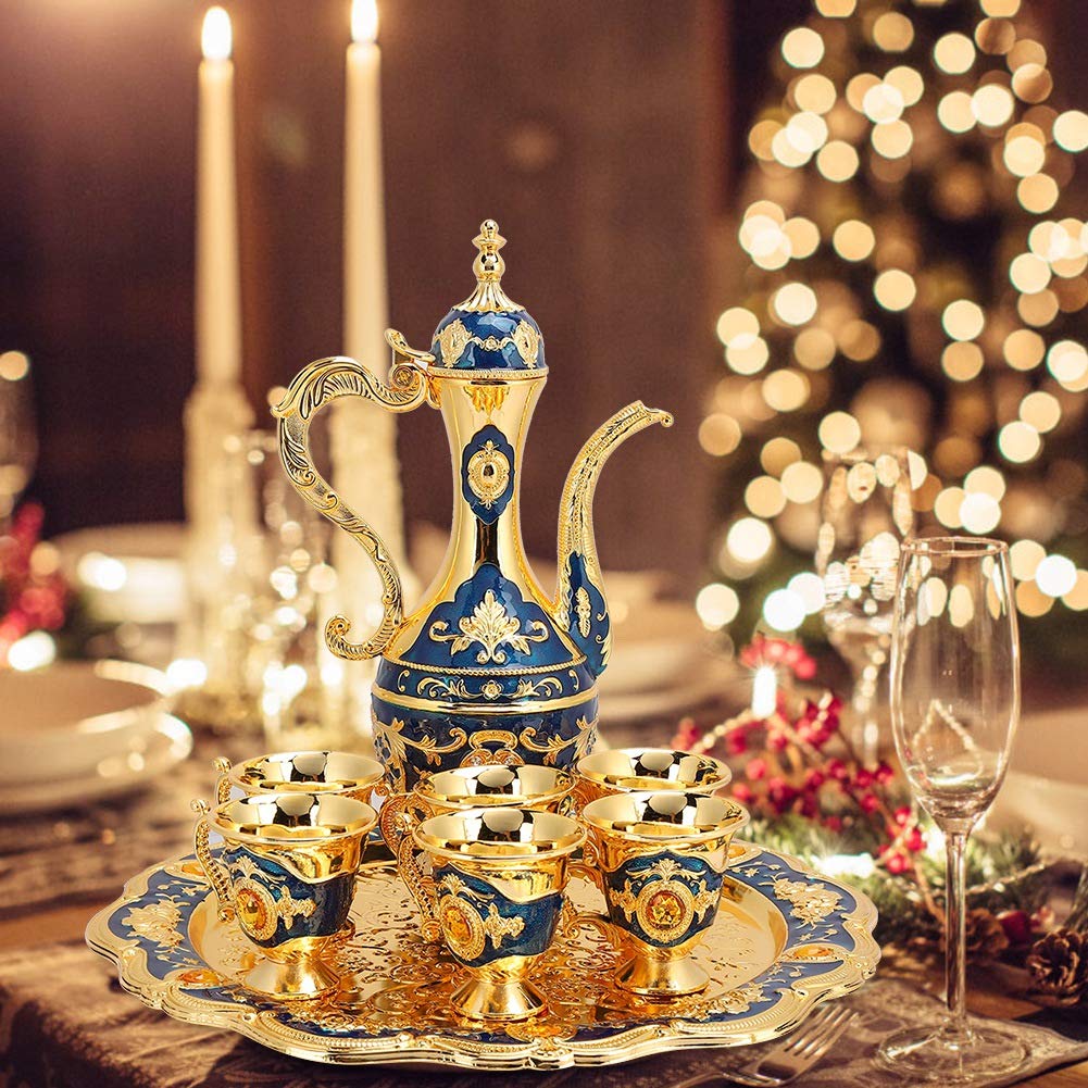 Vintage Turkish Coffee Pot Set 6 Tea Cups Small Metal Tea Set Tea Tray Teapot Tea Water Serving Set for Turkish Coffee, Arabic Coffees, Greek Coffees