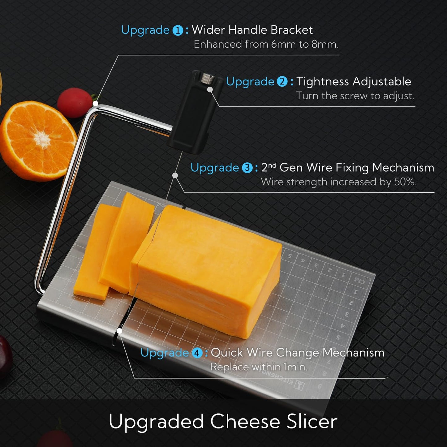 KITCHENDAO Replaceable Wire Cheese Slicer with Board and Measuring Grids,Tightness Adjustable Stainless Steel Metal Cheese Cutter for Block Cheese, Dishwasher Safe, with 2 Extra Wires