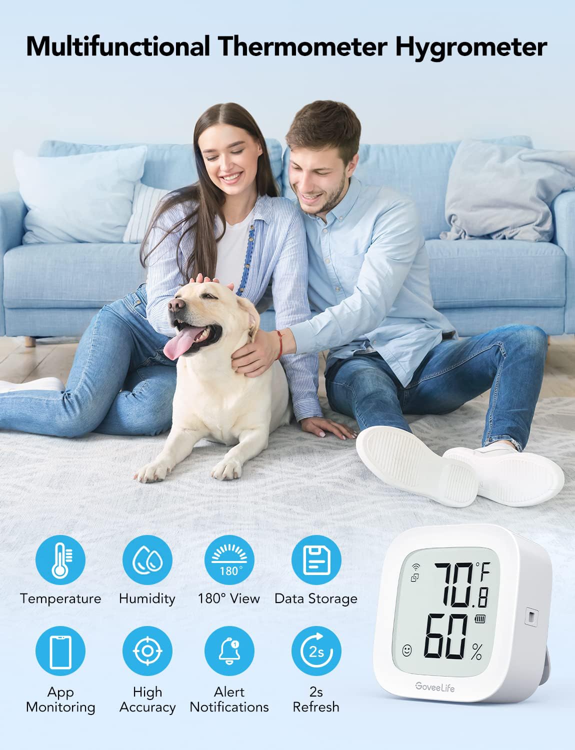 GoveeLife WiFi Thermometer Hygrometer H5103, Indoor Bluetooth Temperature Humidity Sensor with Electronic Ink Display, App Notification Alert, Free Data Storage Export, Digital Remote Monitor for Bedroom