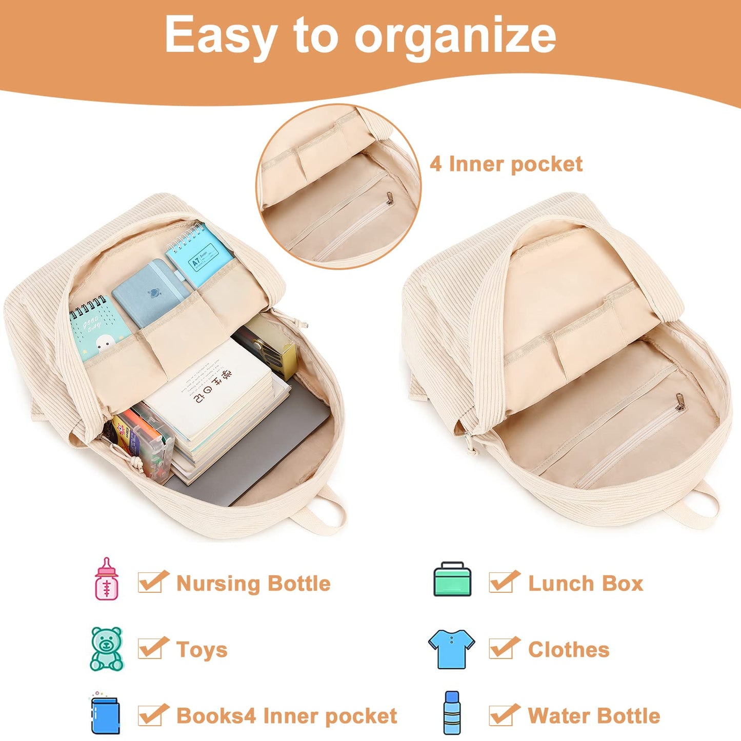 School Backpack for Teens Large Corduroy Bookbag Lightweight Girls Boys Casual High School College Backpacks, Beige, 17 inch, Classic