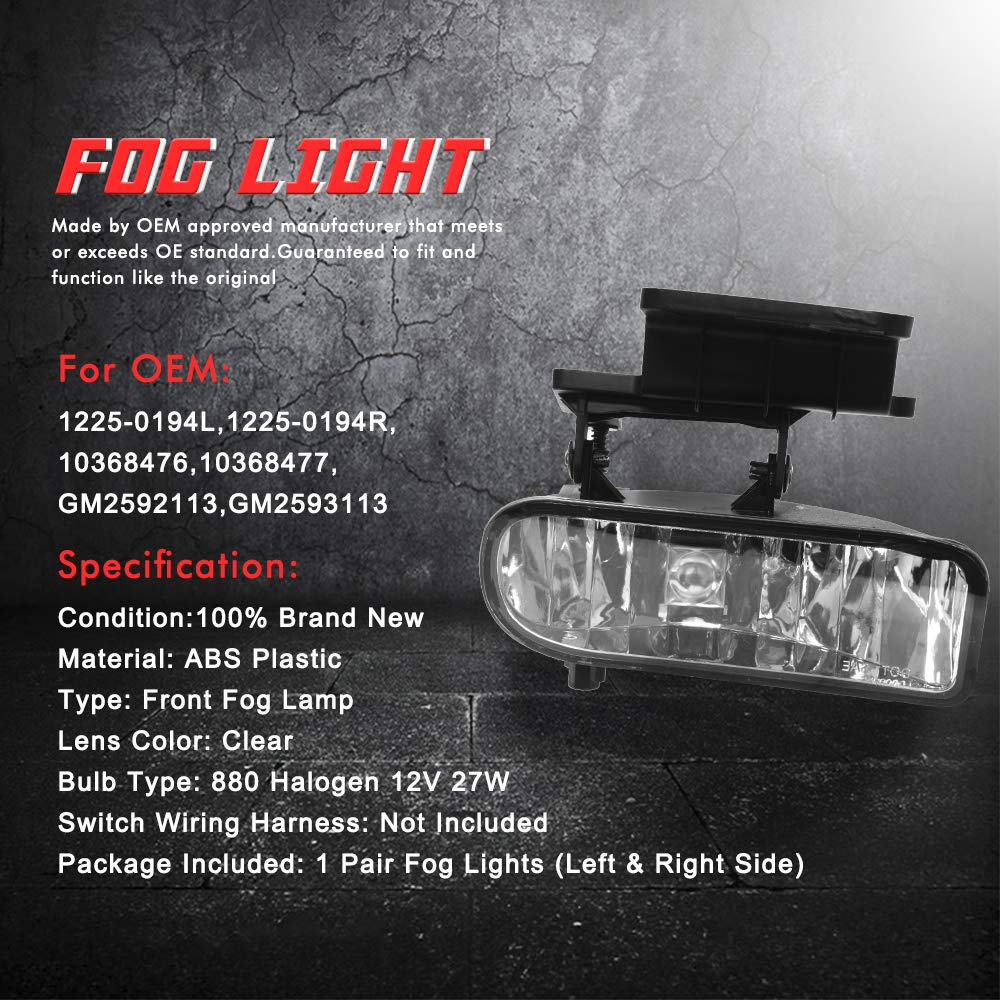 A ABIGAIL Driving Fog Lights Lamps Replacement for 1999-2002 Chevy Silverado, 2000-2006 Chevy Suburban/Tahoe With 880 12V 27W Halogen Bulbs 10368476,10368477, GM2592113,GM2593113 (Clear Lens)