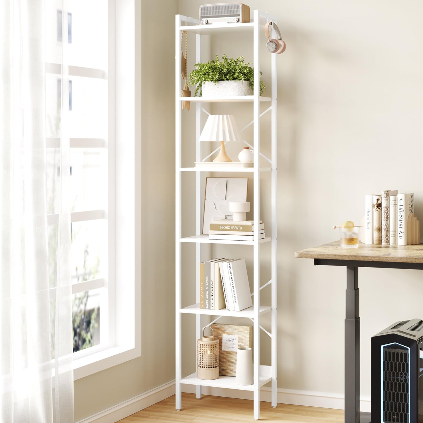 Hzuaneri Bookshelf, Book Shelf, Industrial Bookcase with 2 Hooks, Coner Shelf Storage Organizer for Home Office, Living Room, Bedroom, Kitchen, 6-Tier White BC10713W
