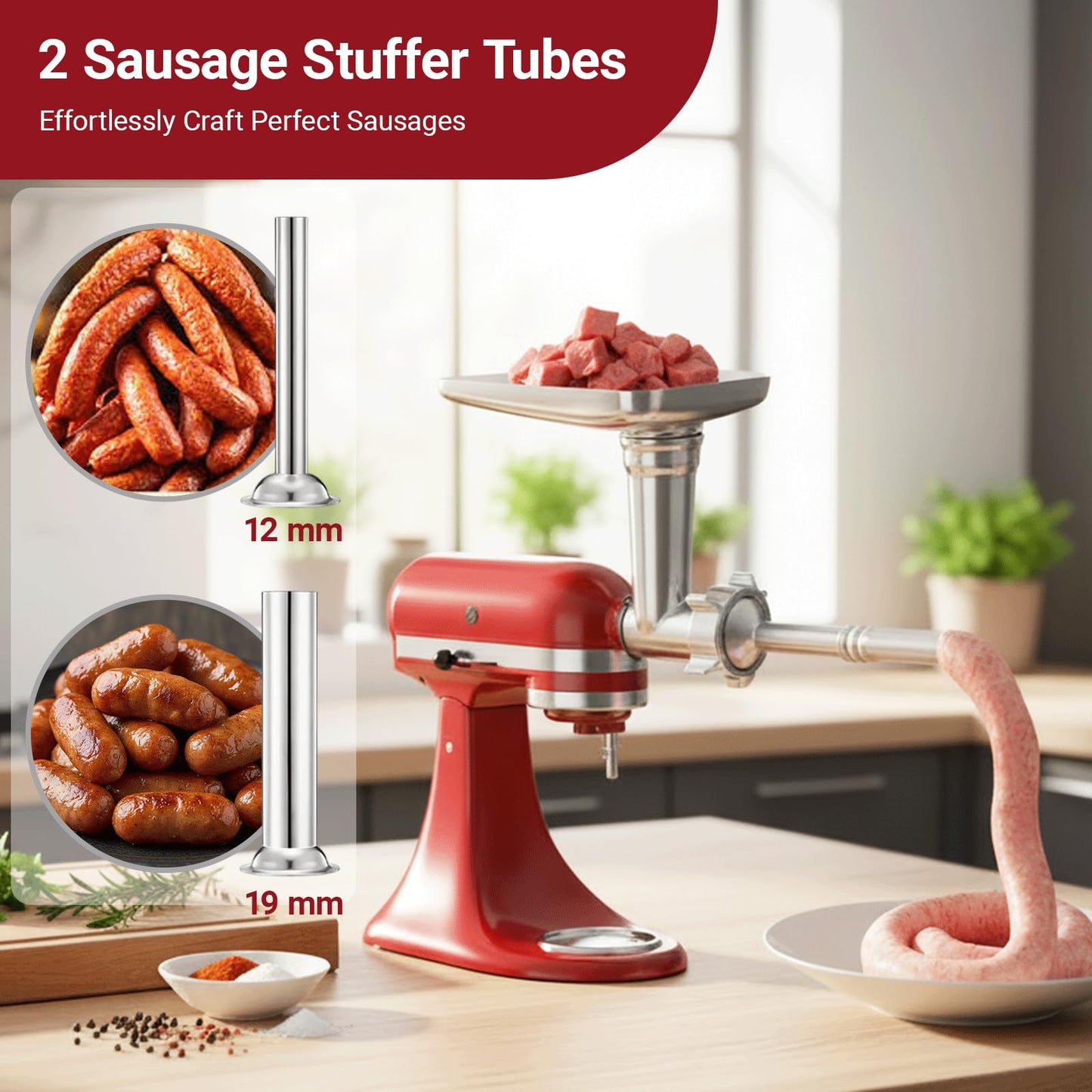 Meat Grinder & Slicer Shredder Attachments Compatible with KitchenAid Stand Mixers, 4 Blade Slicer/Shredder Set with Grinder Plates & Sausage Tubes for Mincing and Shredding