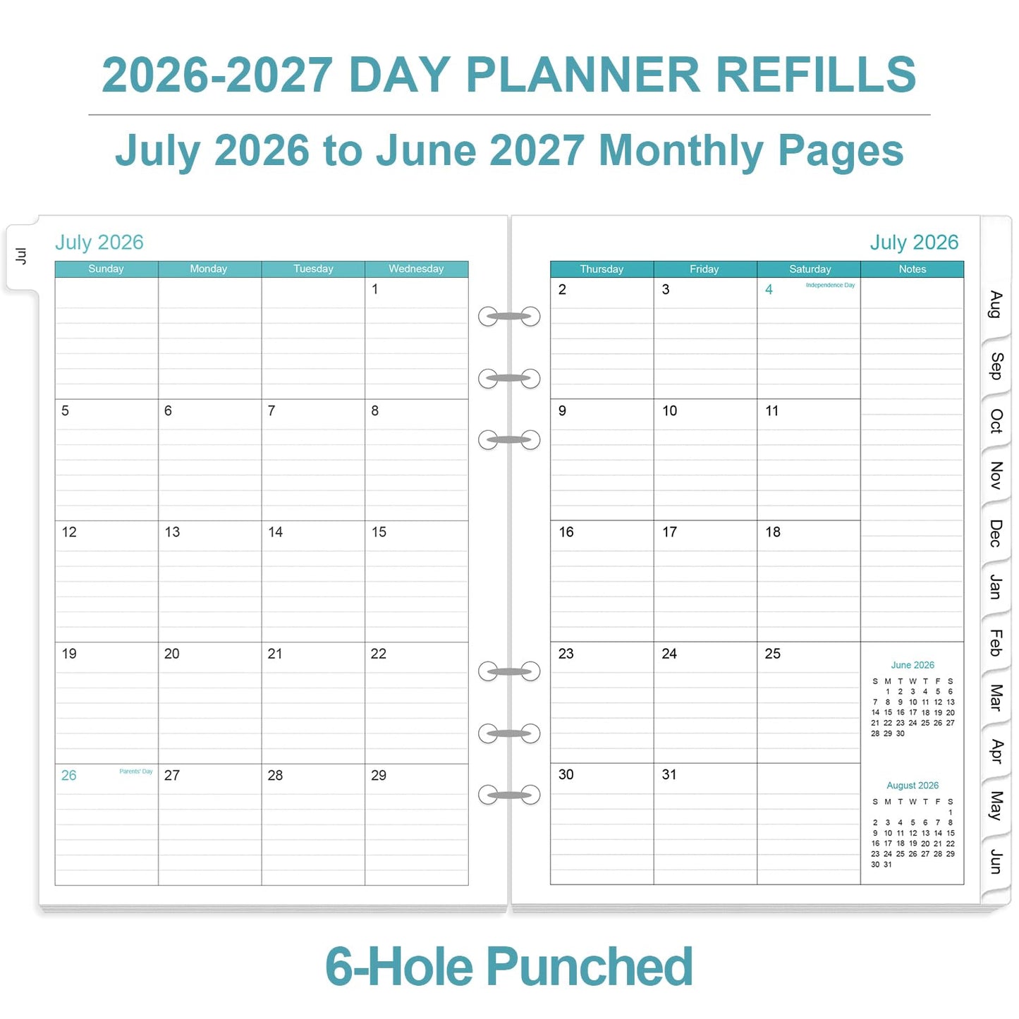 2026-2027 Planner Refills for A5 Binder - One Page a Day Daily & Monthly Planner, July 2026 - June 2027, Prioritized, To Do List, Notes, Appointment Planner, 6 Hole Punched, 5.8" x 8.3"