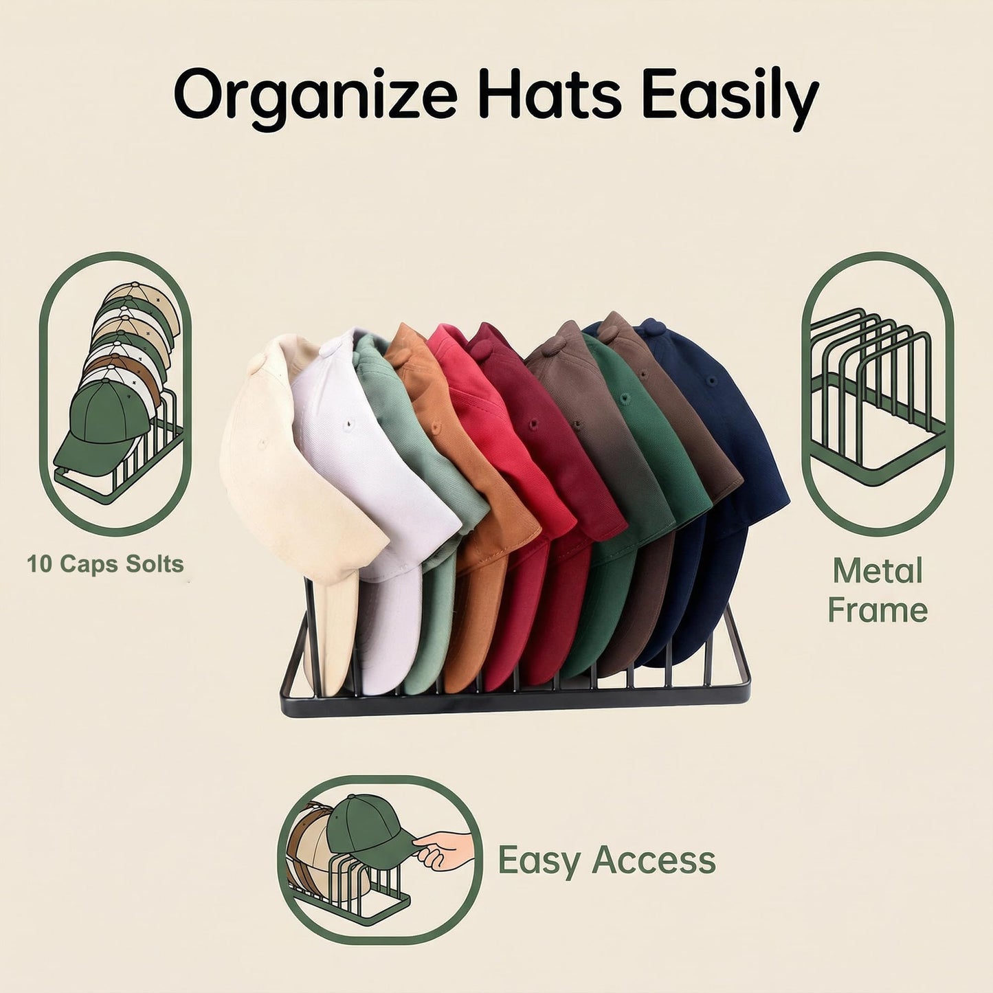 YiSeyuro Hat Organizer for Baseball Caps - Space Saving Metal Rack Stand Hold 20 Caps - Premium Closet Storage Display, No Assembly Required (Black, 2 Pack)