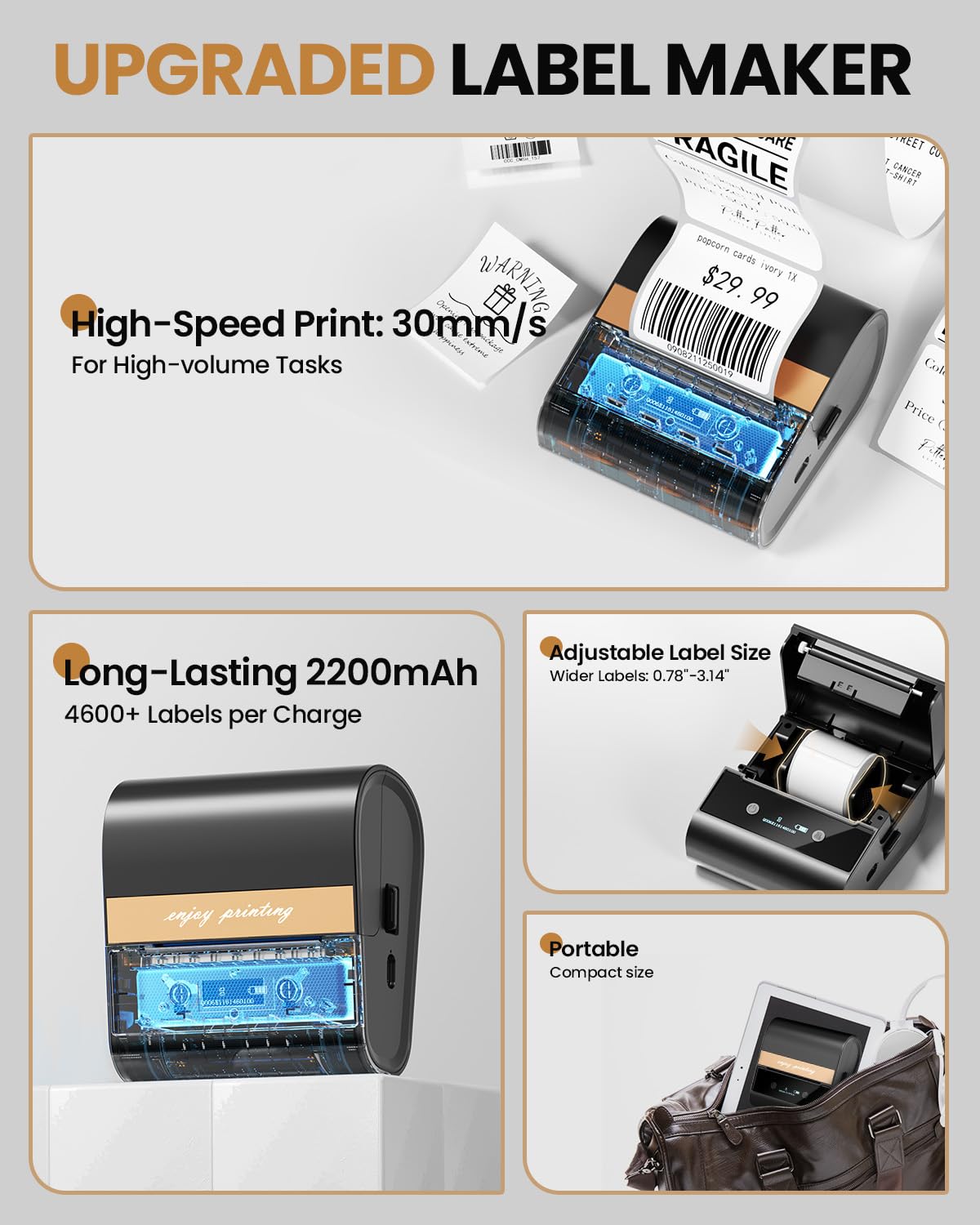 Barcode Label Printer 3 Inch - M260 Bluetooth Thermal Large Label Maker Machine, Portable Wireless & Inkless for Small Business, Home, Office - Waterproof Label, Compatible with iOS/Android/PC, Black