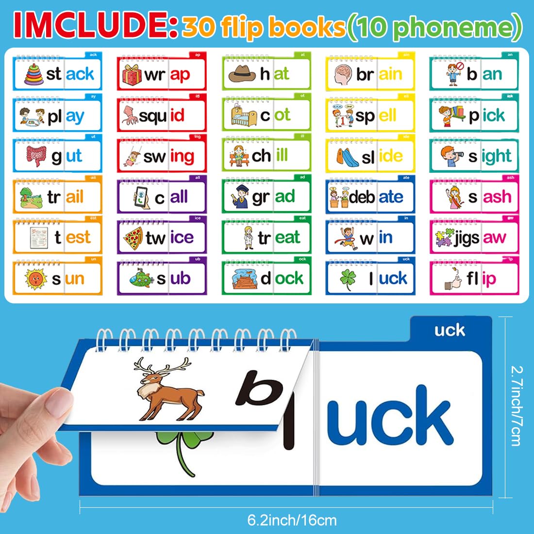 30 Read and Rhyme Flip Books,Sight Words Flash Cards Kindergarten,Kids Phonics Flash Cards,Word Family Build Books Phonics Games Books Gift for Kids Adults Stress Relief