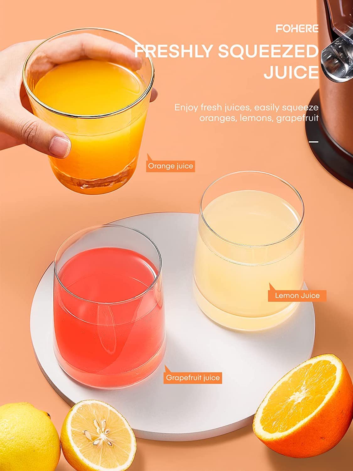 FOHERE Electric Citrus Juicer, Orange Juicer Machine with 2 Size Cones, Stainless Steel Citrus Press Juicer for Orange Lemon Grapefruit Lime, Compact Juicer Squeezer, Anti-Drip Spout & Ultra Quiet Motor