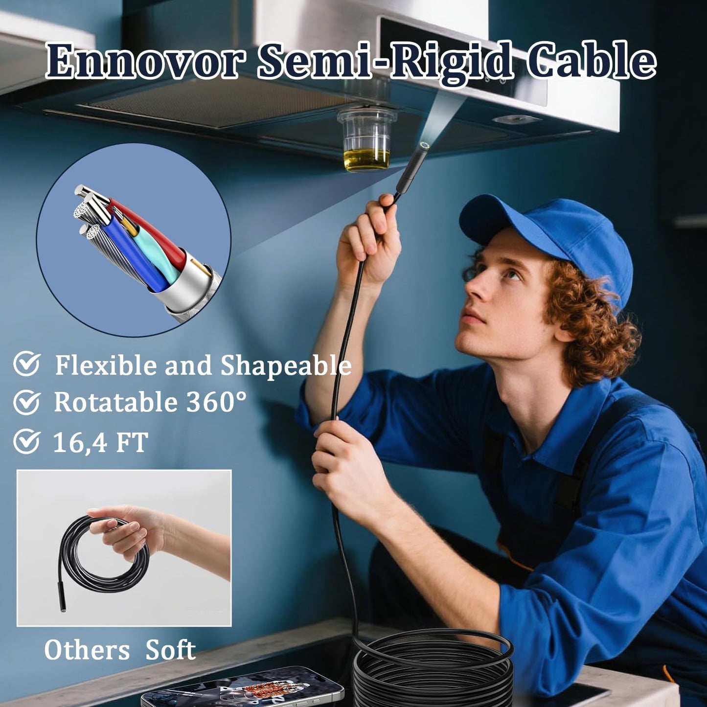 Endoscope Camera with Light, Ennovor 1920P HD Borescope with 8 Adjustable LED Lights, IP67 Waterproof Endoscope Inspection with Flexible Rigid Snake Camera, No WiFi Required for Android iOS