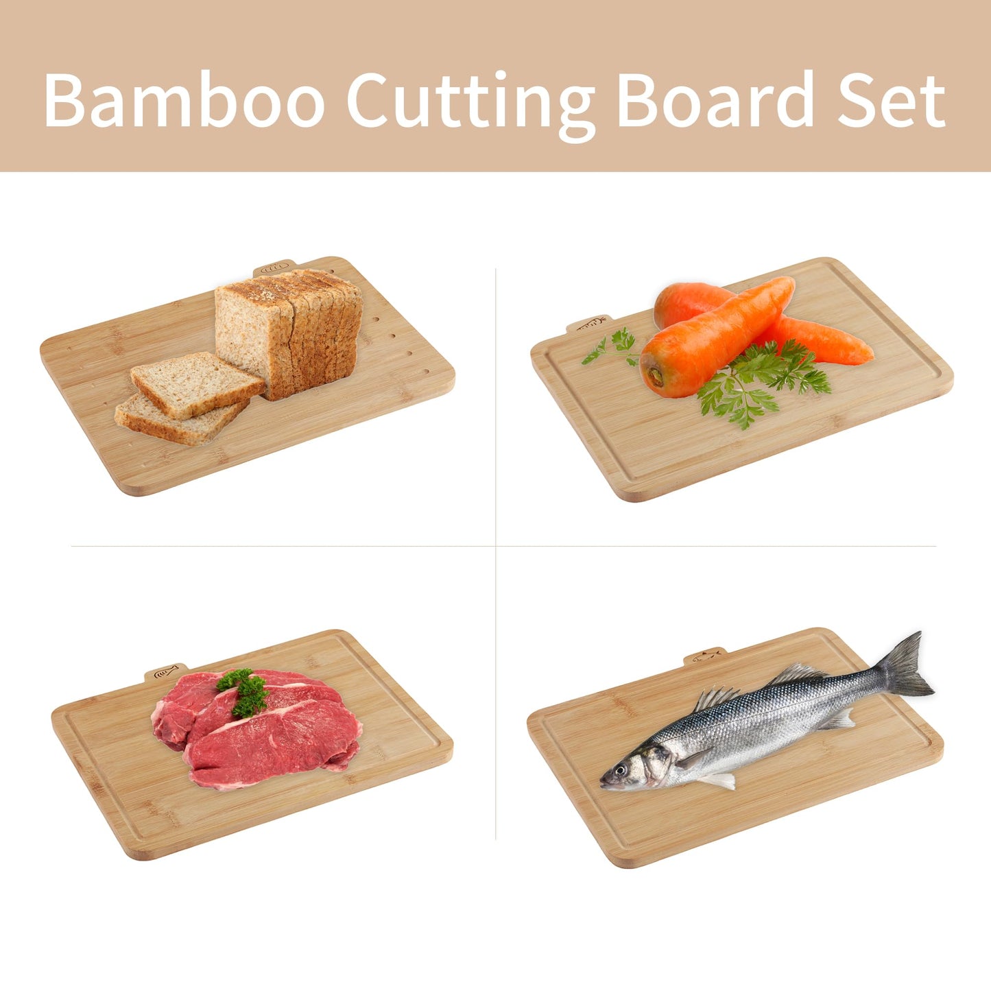 Fiery Chef 12.6"L x 9"W Bamboo Cutting Board Set of 4 - Wood Cutting Board Set with Holder, Chopping Boards Set with Food Icons, Juice Groove - Ideal for Meat, Fish, Bread, Vegetable, Fruit Chopping