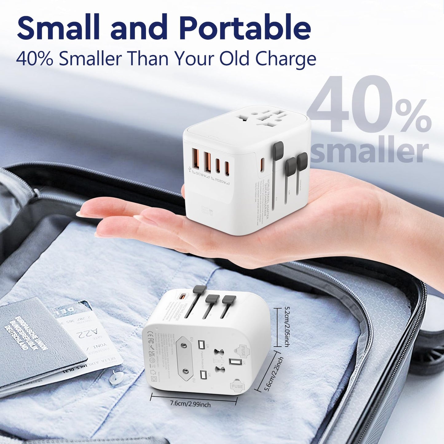 65W Fast GaN Universal Travel Adapter International Power Adapter with 2 QC USB A 2 PD USB C European Travel Plug Adapter US, UK, EU, AU Worldwide Travel Charger for Laptops, Tablets, Phones (White)