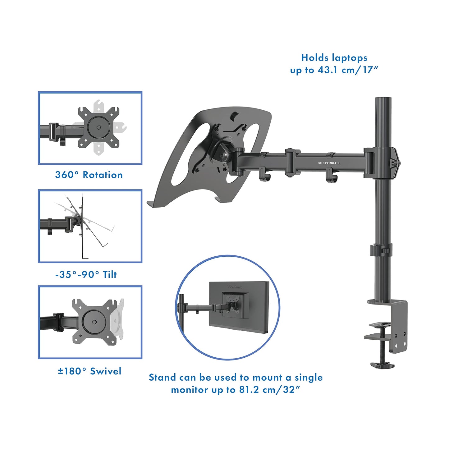 SHOPPINGALL Fully Adjustable Laptop Mount Stand for Laptops Up to 17", Both Desk clamp and Grommet mounting - SA-D28+D15-Black