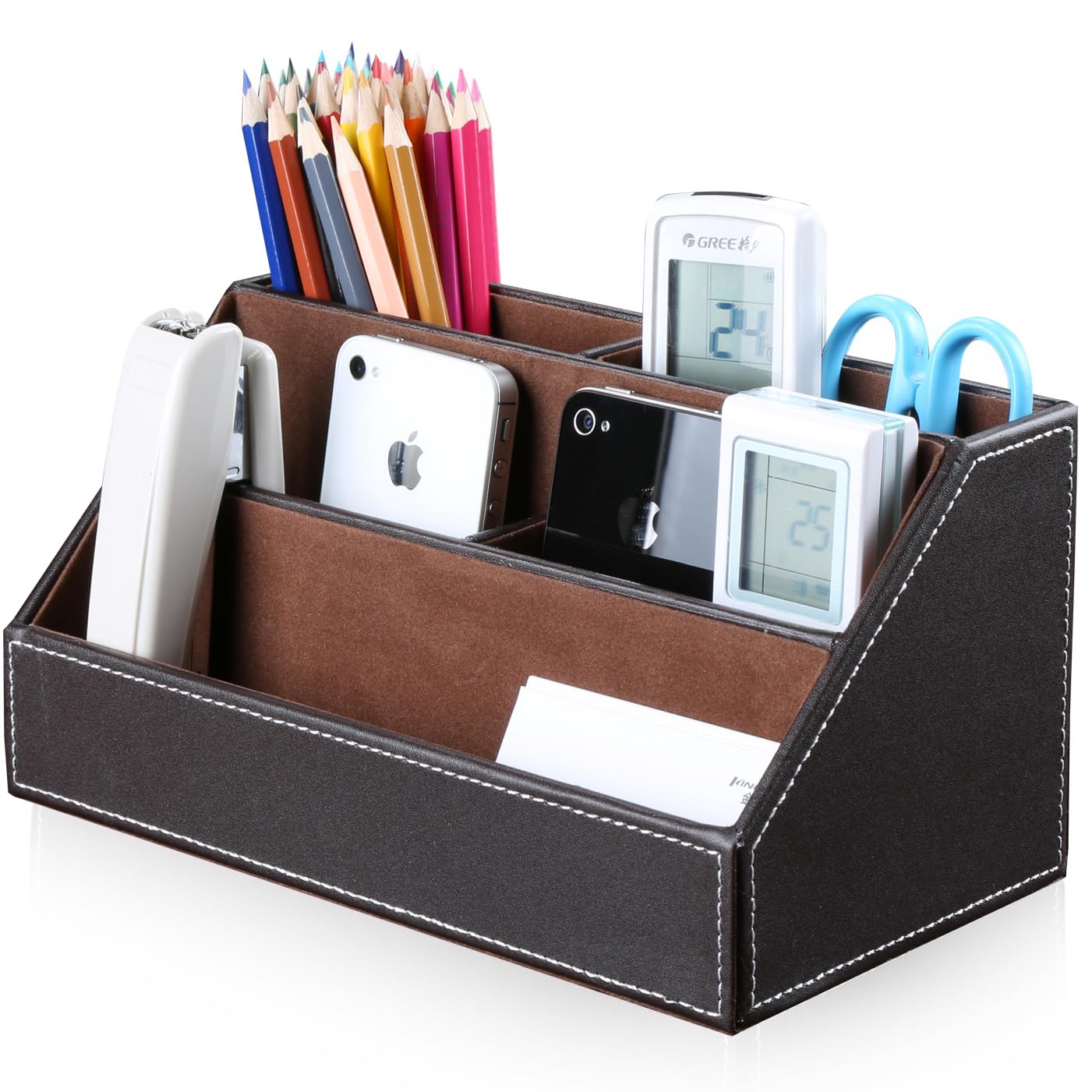 KINGFOM Leatherette Multi-Function Desk Organizer Storage Box, 5 Compartments Office Supplies Caddy, Pen/Pencil, Cell Phone, Business Name Cards, Note Paper, Remote Control Holder Organizer