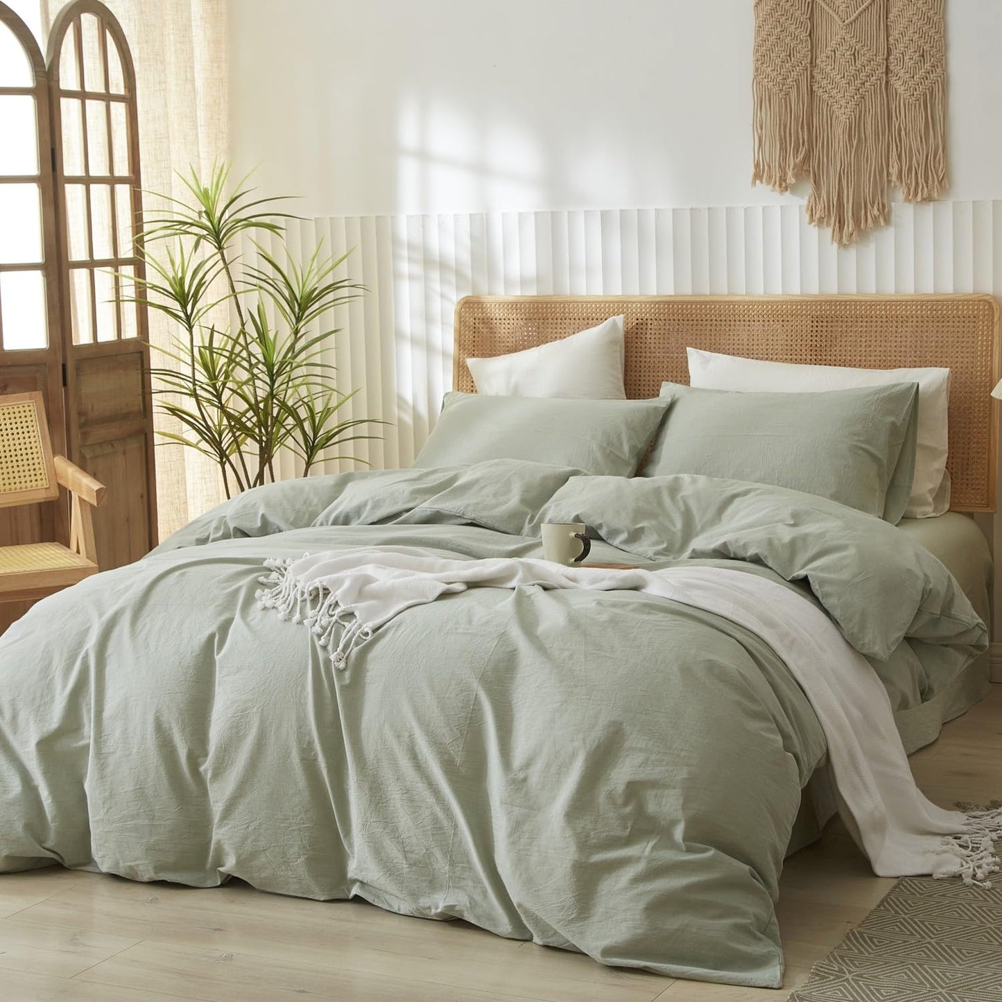 LIFETOWN 100% Washed Cotton Duvet Cover Set Linen Feel Natural Wrinkle Lightweight Comfy (Twin, Sage Green)