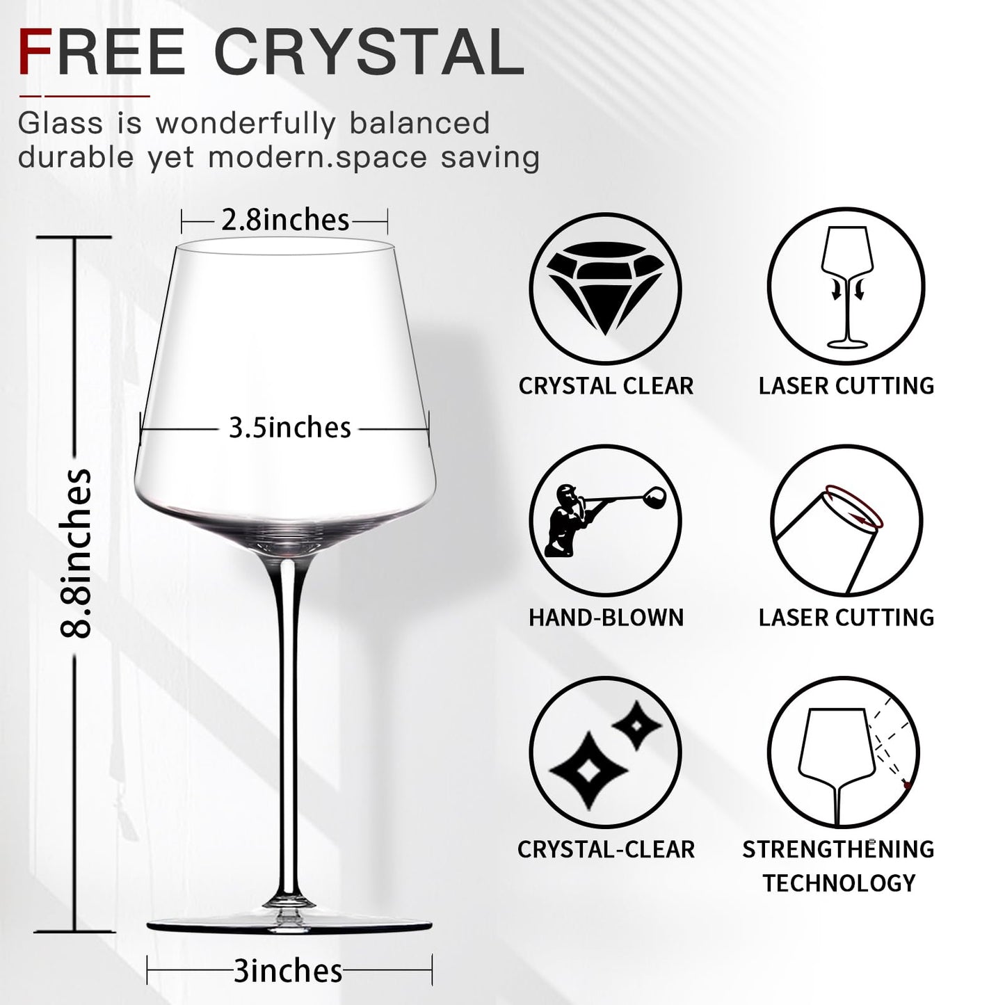 White Red Wine Glasses Set of 6 – 18oz Clear【Hand Blown】 Crystal Wine Glass – Tall Long Stem Modern Wine Glasses – Square Wine Glass with flat bottom – Unique gifts for Wedding,Brithday,anniversary