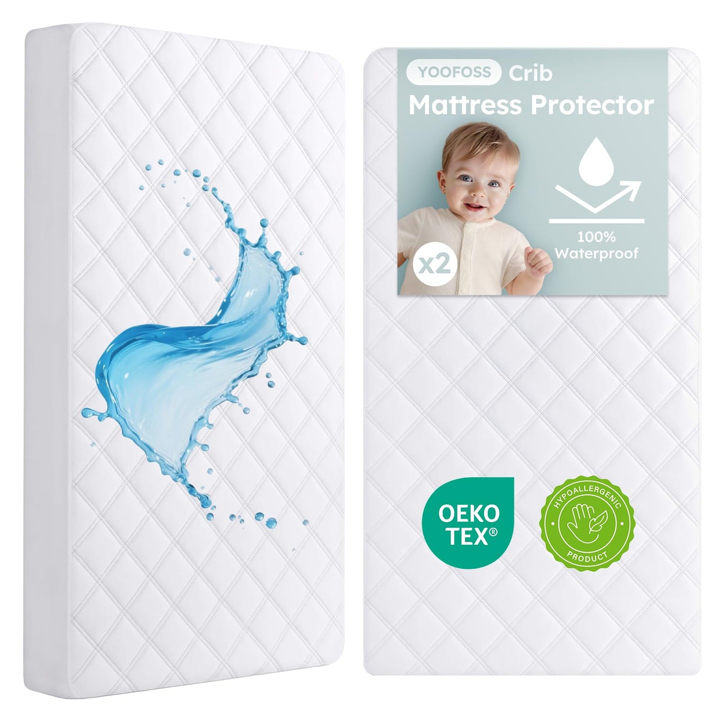 Yoofoss 2 Pack Waterproof Crib Mattress Protector, Quilted Fitted Crib Mattress Pad, Ultra Soft Breathable Toddler Mattress Protector Baby Crib Mattress Cover Breathable and Hypoallergenic(52''x28'')