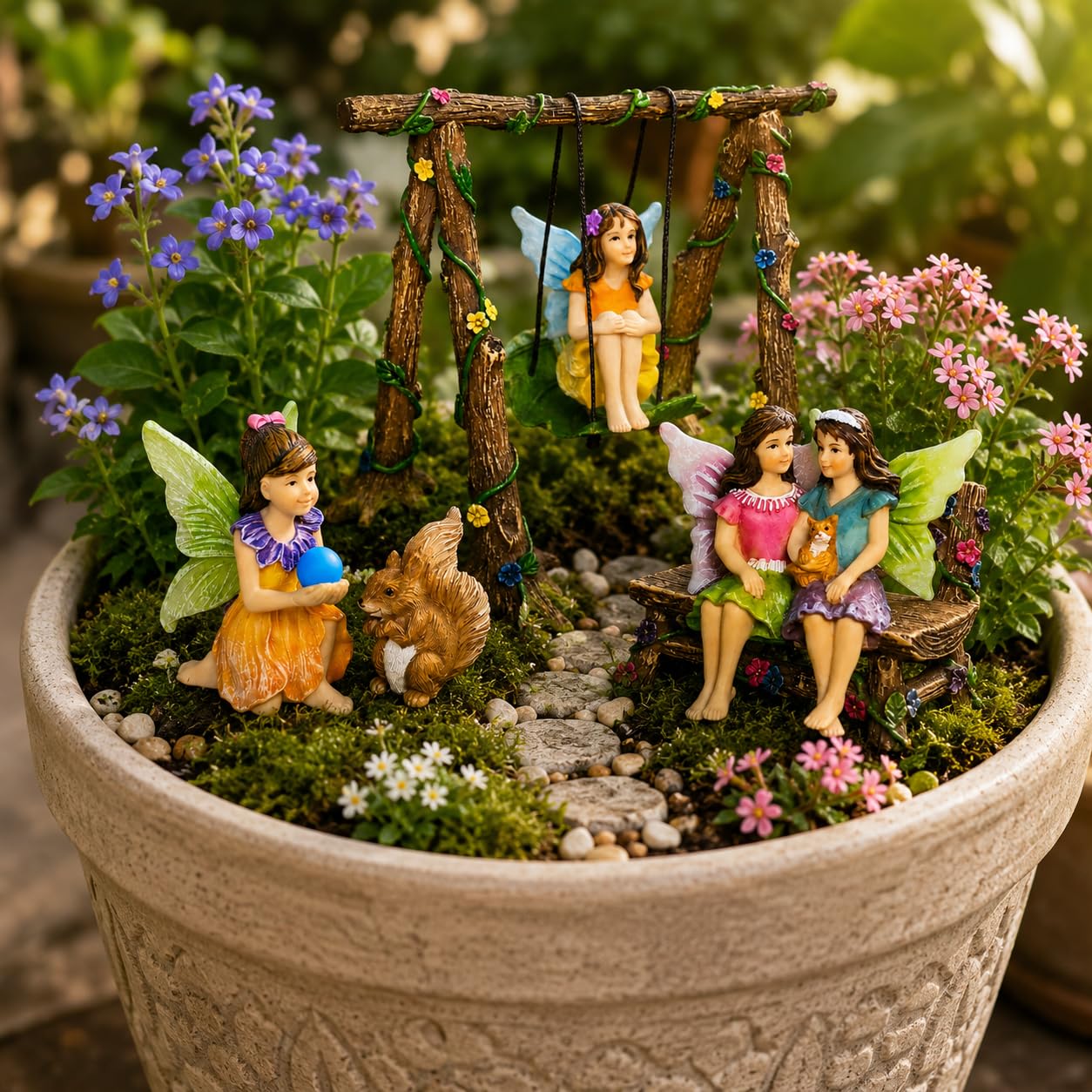Mood Lab Fairy Garden Swing Set - Miniature Figurines & Accessories (6 pcs) - Indoor Outdoor Garden Decor