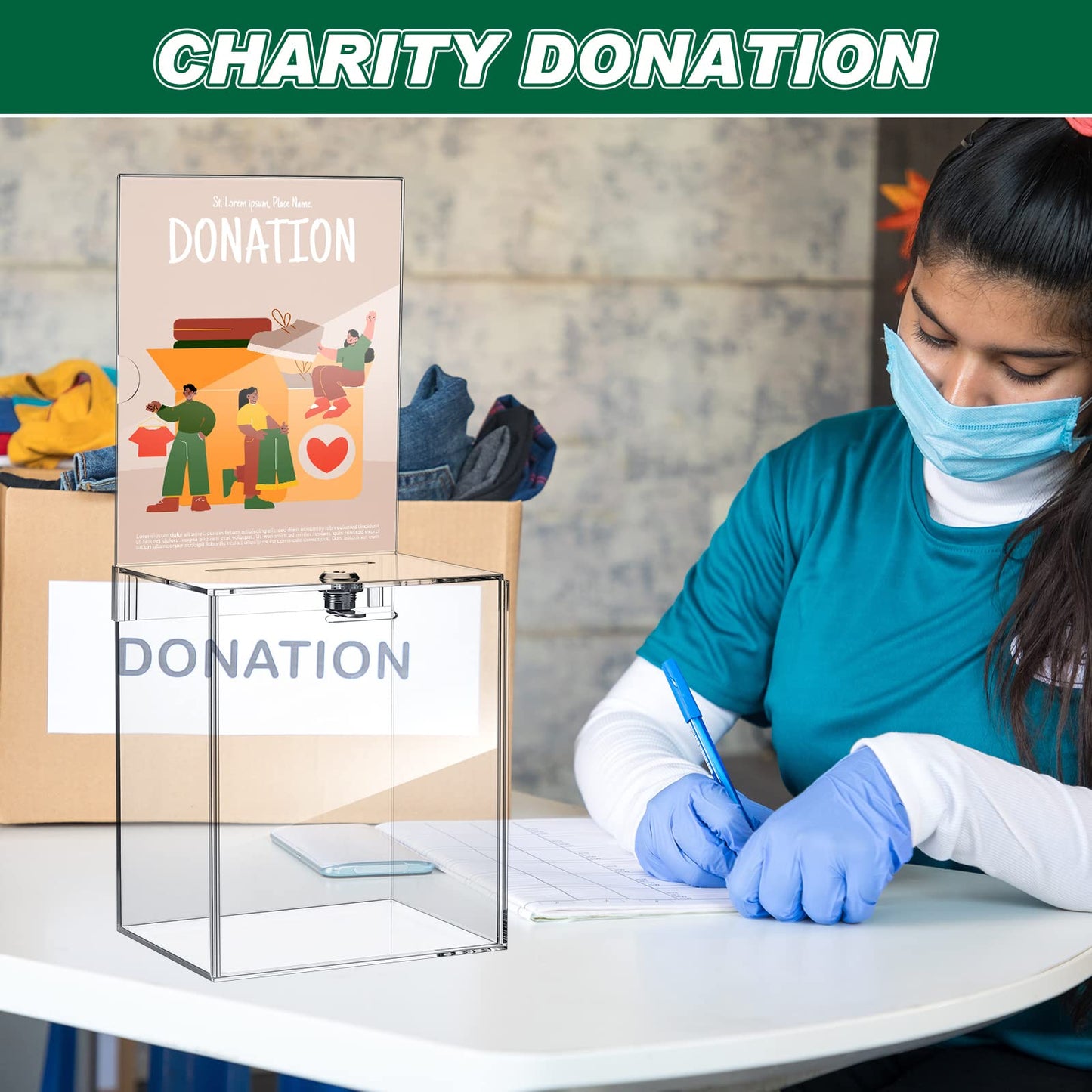 Teling Tall Acrylic Donation Box with Lock and Sign Plate Safe Suggestion Box with 100pcs Raffle Tickets Cards for Raffle, Money, Voting, Charity, Suggestion (Transparent,6.7 x 5 x 8 Inch)