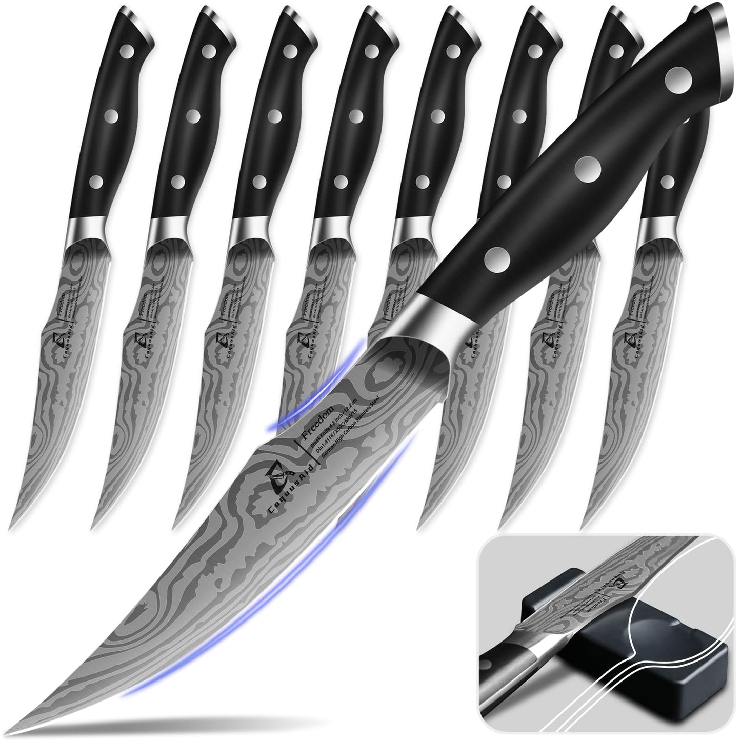 CoquusAid Steak Knives Set of 8, 4.8 Inch Straight Edge Ultra Sharp Durable Meat knives With Rest, High Carbon Stainless Steel Damascus Pattern Triple Rivet Handle, Ideal for Home Restaurant Party