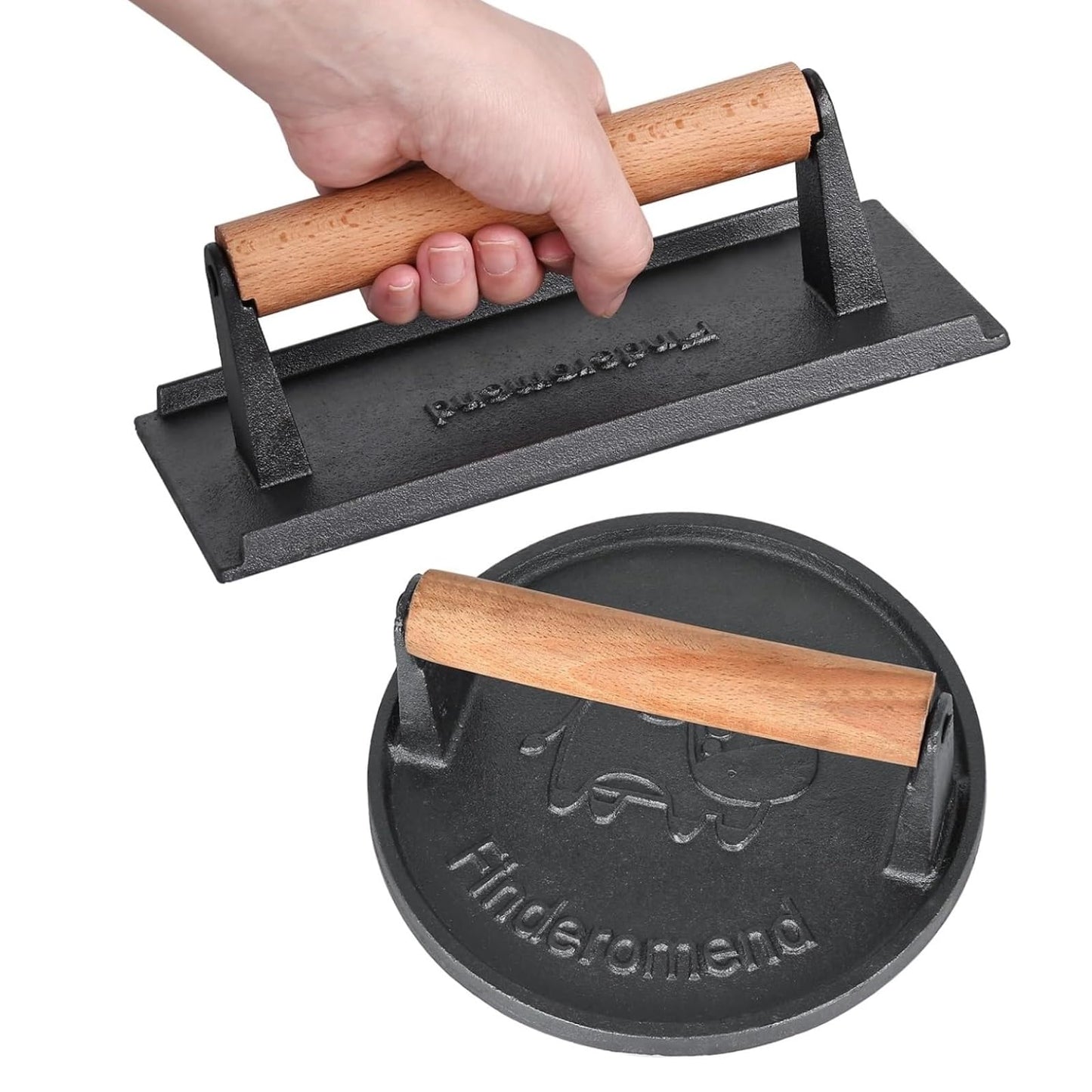 Finderomend 2 Pack Hamburger Press,Cast Iron Grill Press,Heavy Duty Smash Meat,Bacon,Steak & Burger Press with Wooden Handle (Round & Rectangular)